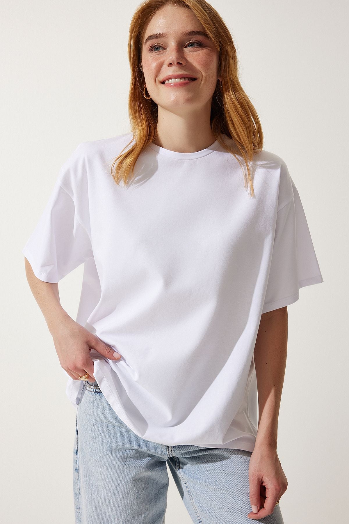 Woman White Basic Oversize Knitting T-Shirt HW00007