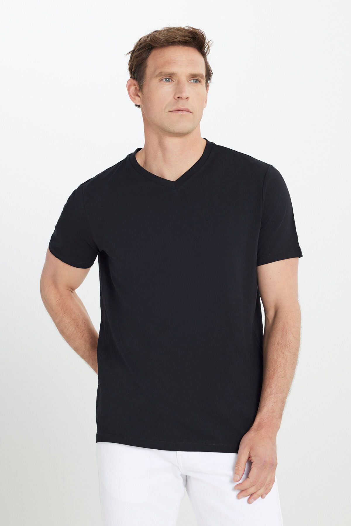 Men's 100 %Cotton V -Neck Black Slim Fit Narrow Cut T -shirt