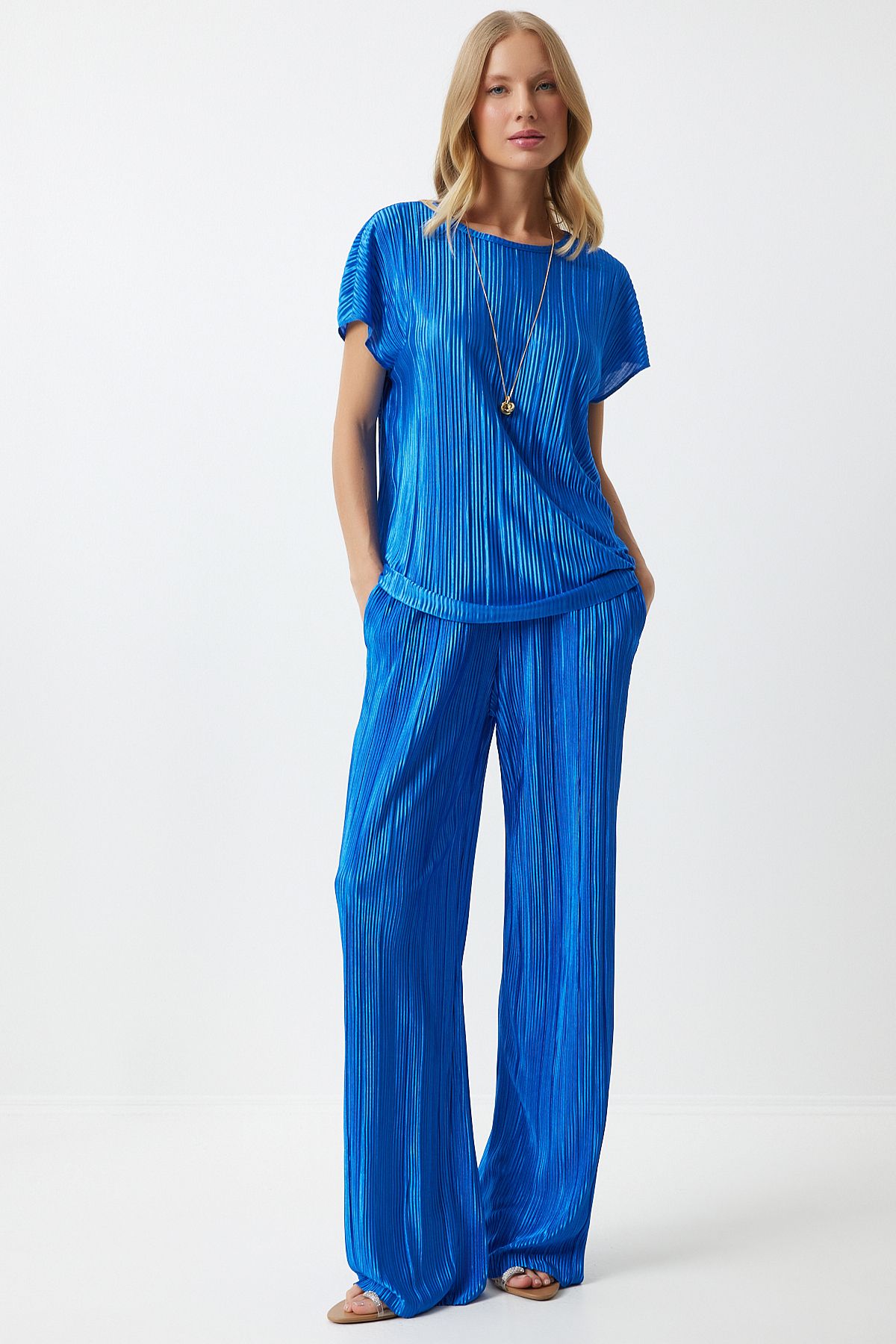 Female Blue Pilica Comfortable Blouse Pants Set Mc00283