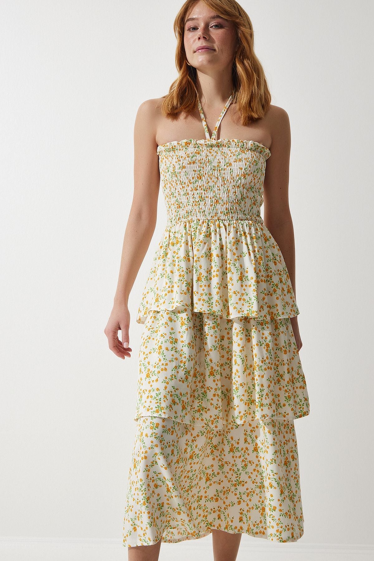Female Ecru Yellow Flower Volan Summer Viscose Dress UB00226