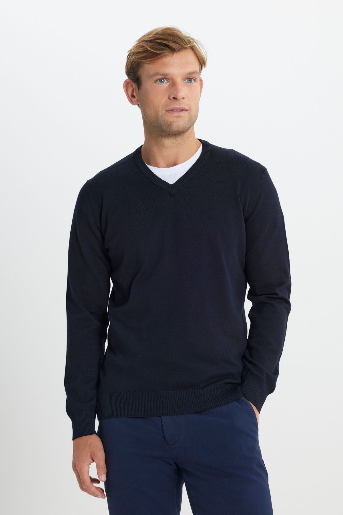 Men's Navy Blue Cotton Standard Fit Normal Cut V -Neck Basic Knitwear Sweater