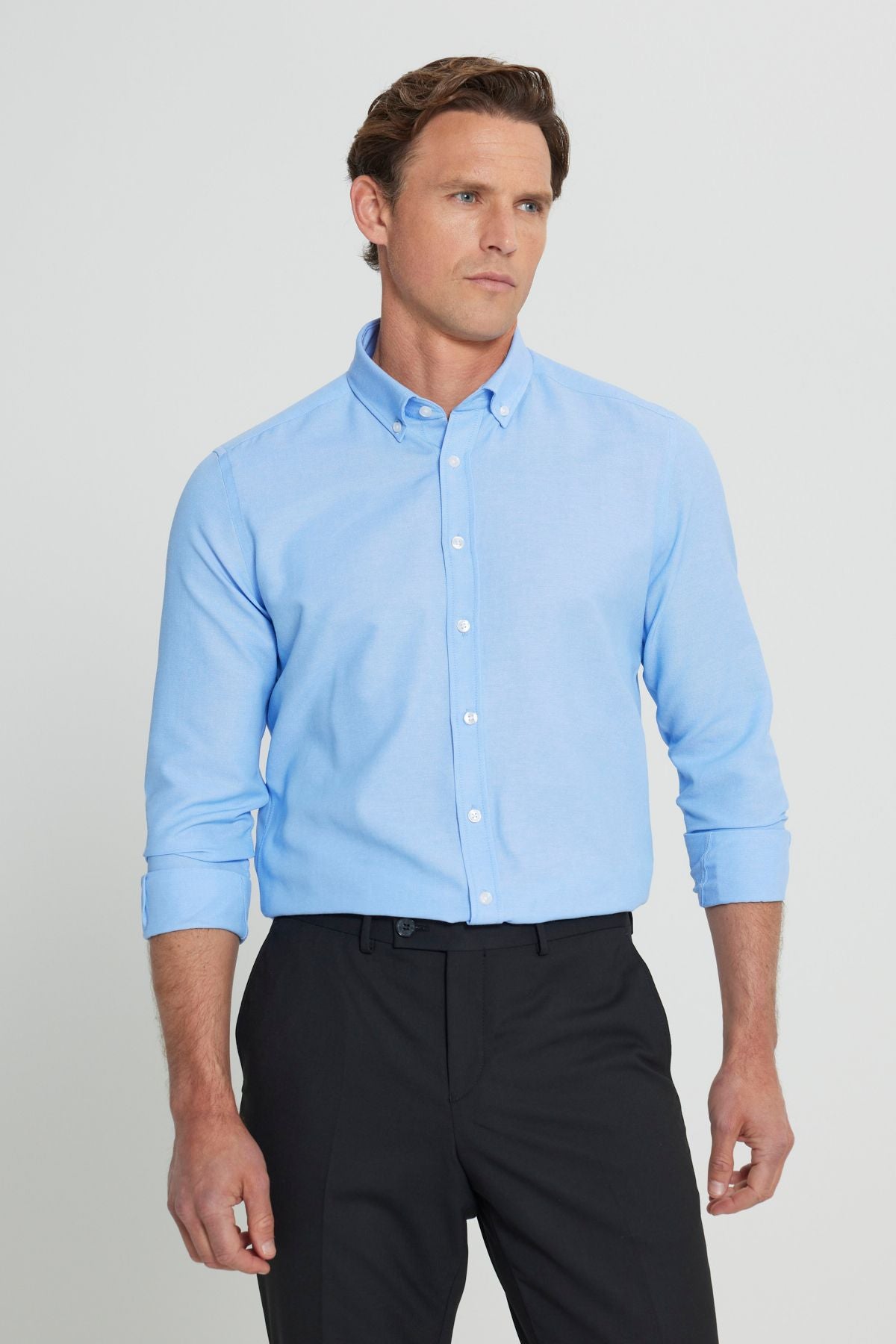 Men's Oxford Blue Button Neck Easy Ironable Cotton Slim Fit Narrow Cut Shirt