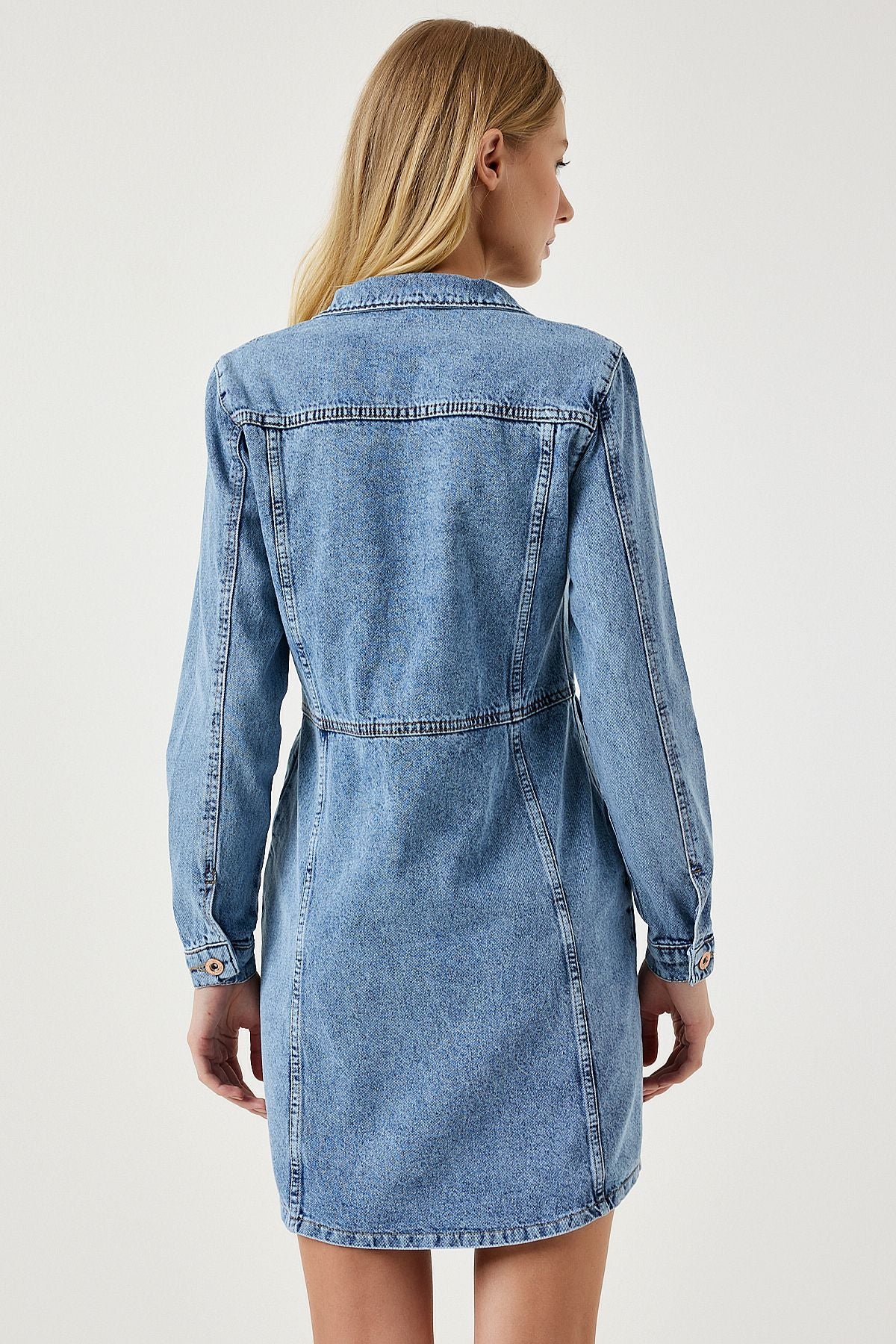 Woman Light Blue Pocket Mini Denim Dress RV00165