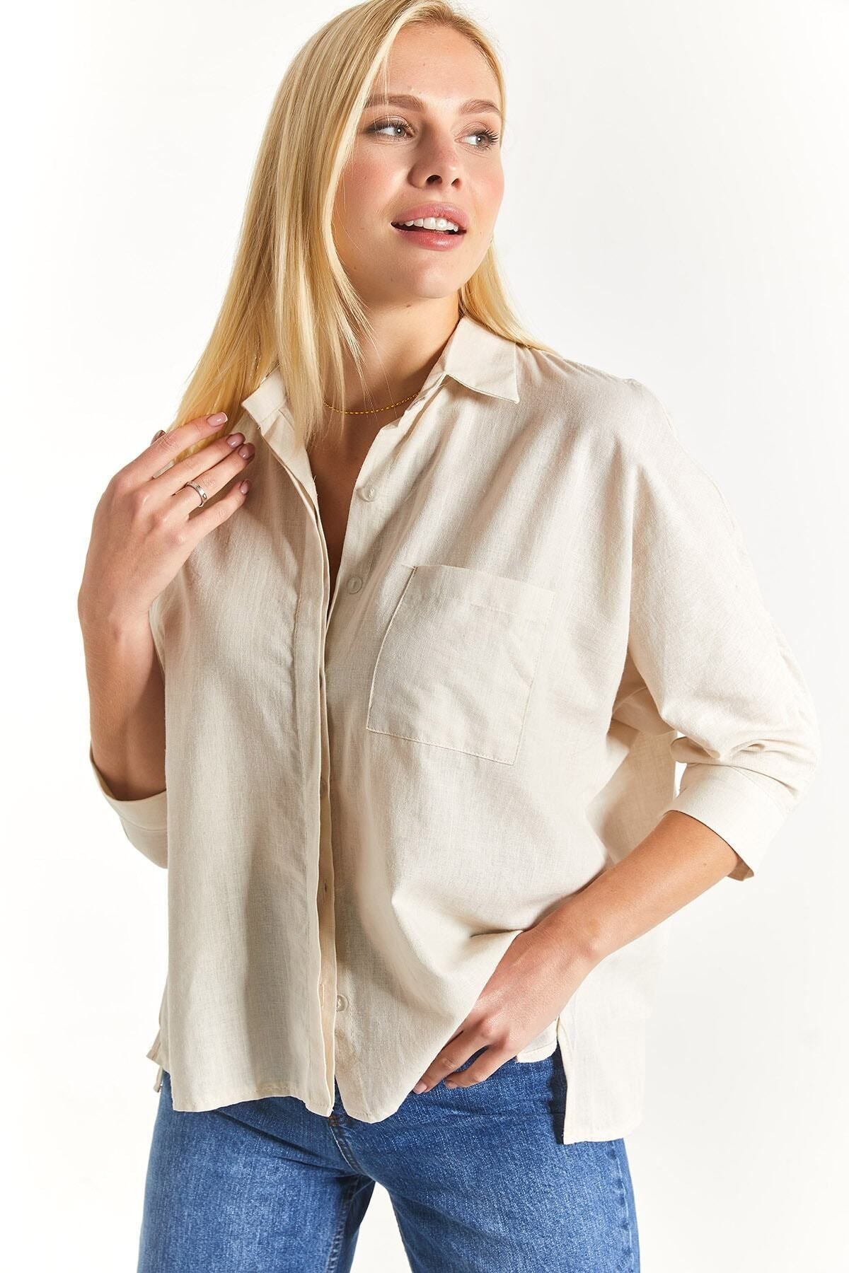 Woman Open Beige Pocket Set Linen Shirt ARM-21Y001035