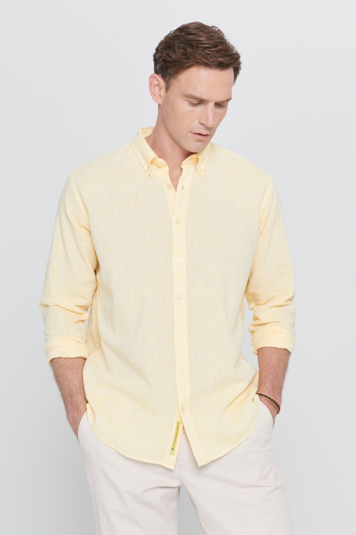 Men's Yellow Linen Comfort Fit Casual Cutton Buttoned Neck Casual Shirt