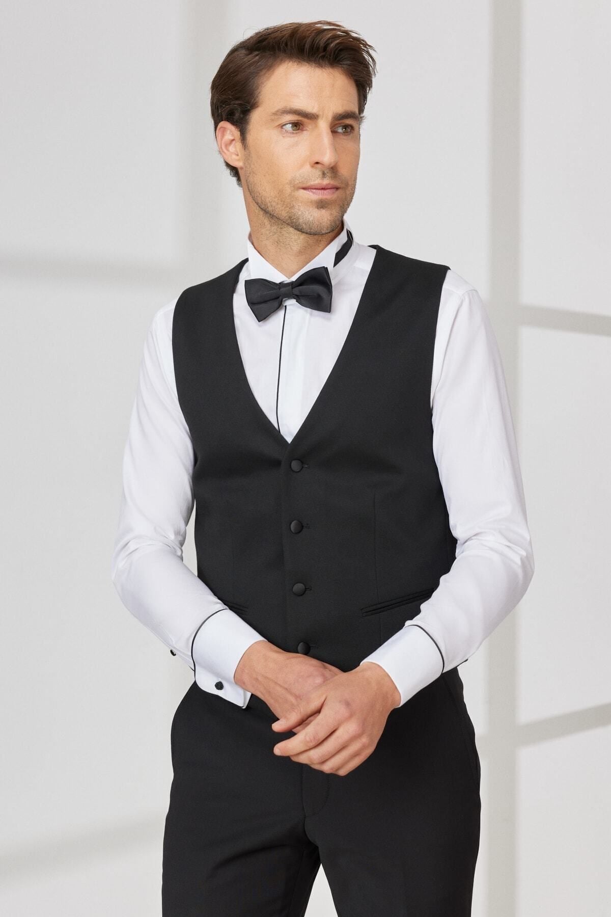 Men's Black Slim Fit Narrow Cut V -Neck Classic Vest