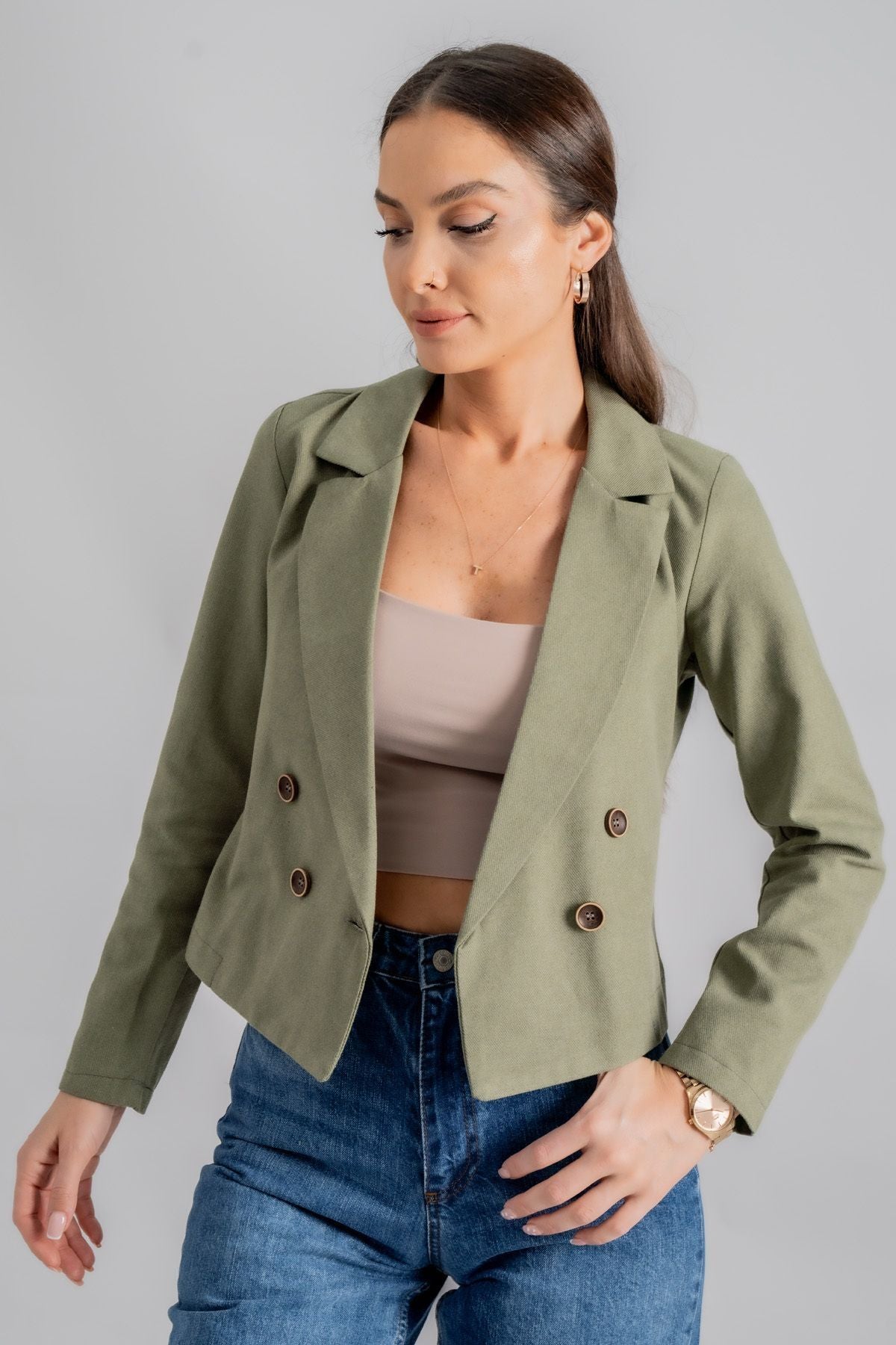 Woman Khaki Cruve Yaka Gabardin Crop Jacket ARM-24Y001010