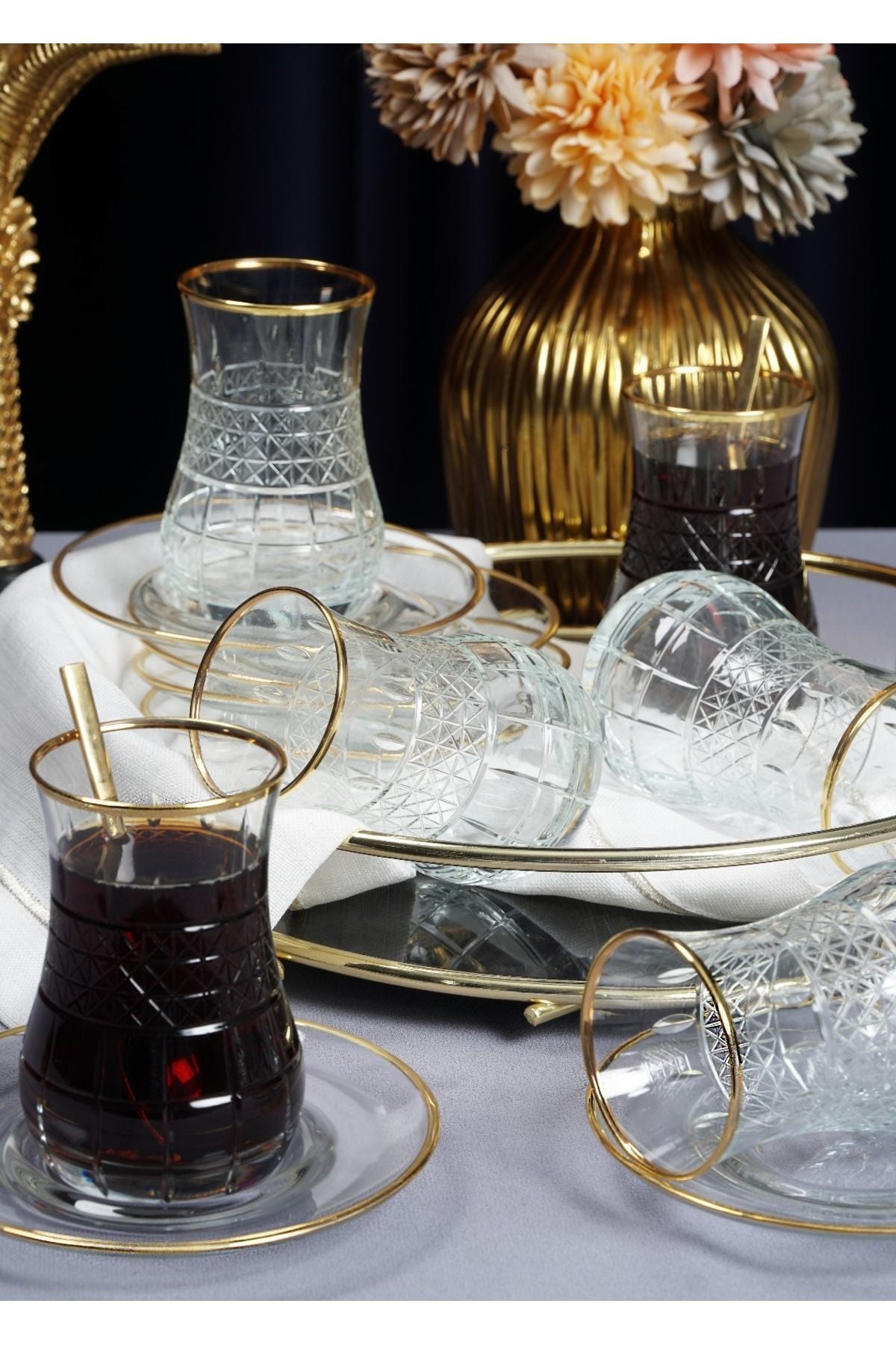 Eva Hisar 12 Piece 6 Person Pattern Gold Yaldız Tea Set