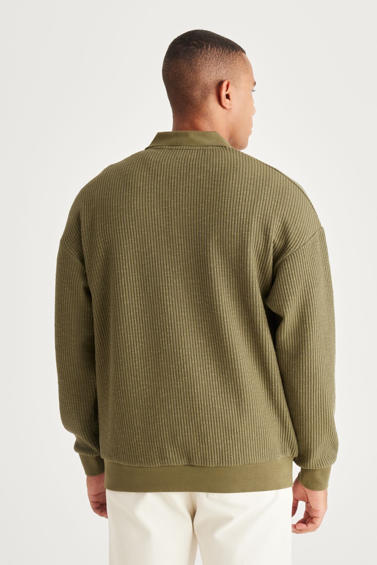 Men's Khaki Loose Fit Içi Polar 3 IP Polo Yaka Jacquard Sweatshirt