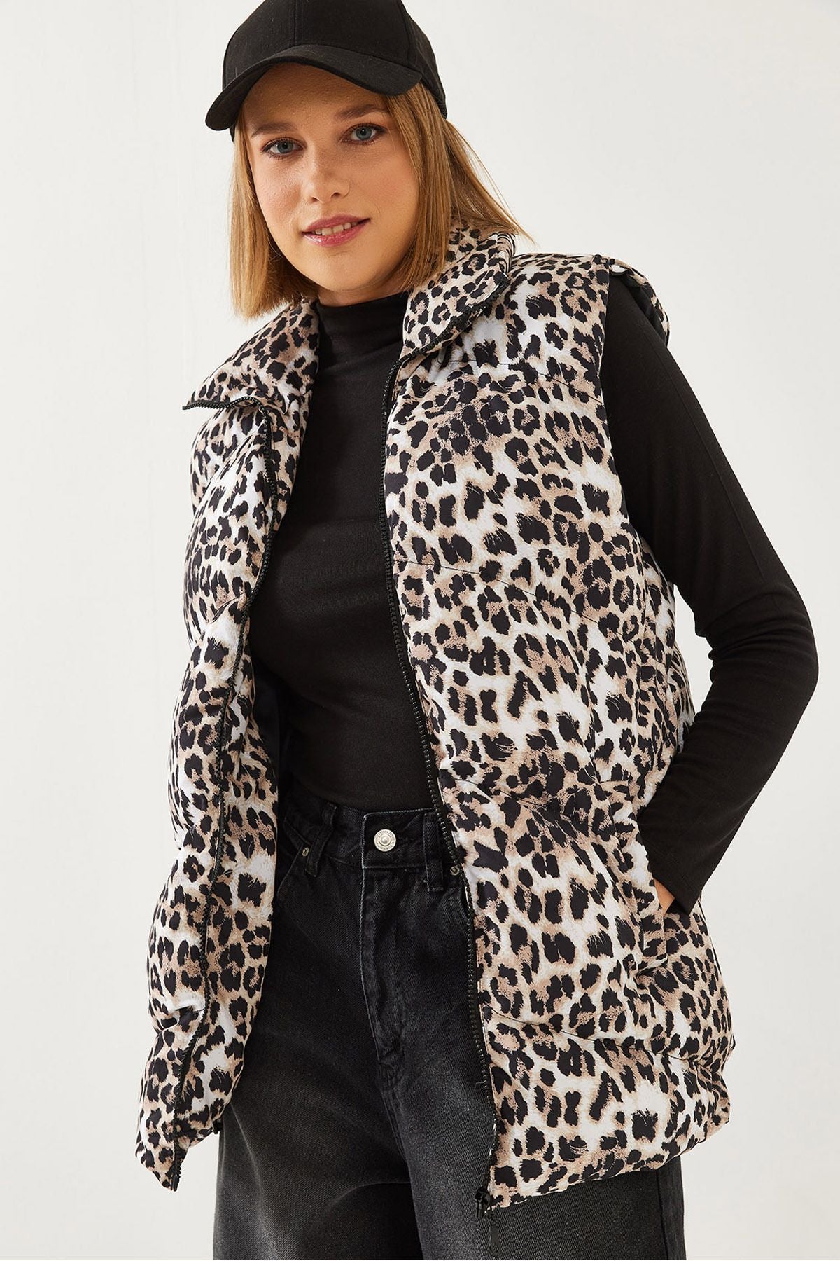 Female Fisherman Collar Leopard Patterned Swelling Vest 938128 60351234