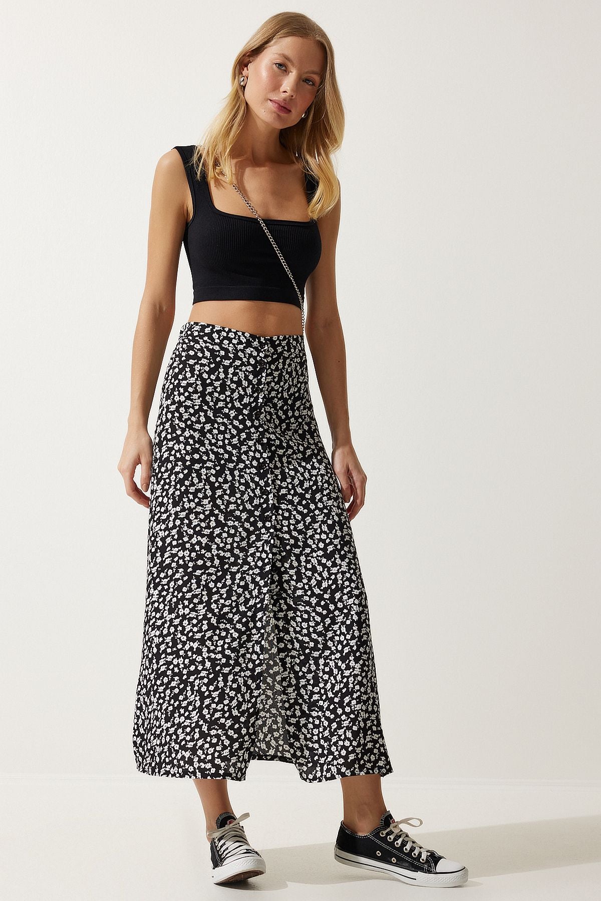 Female black patterned slit viscose skirt UB00246