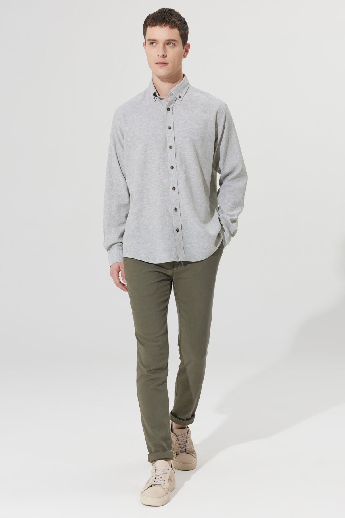 Men's Khaki Linen Comfort Fit Casual Cutting buttoned collar shirt