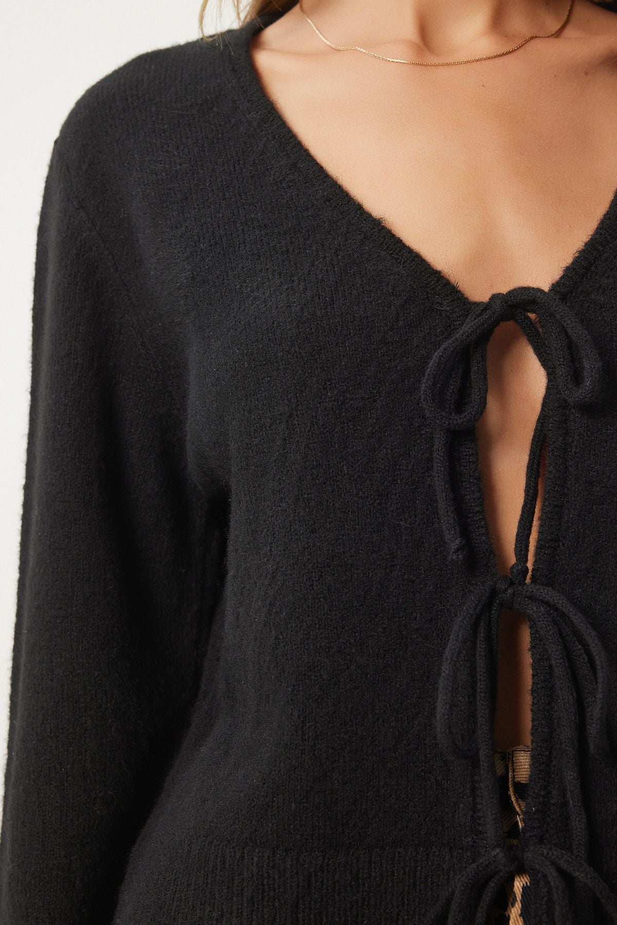 Female Black V -Yaka Bow Title Triko Cardigan PF00091