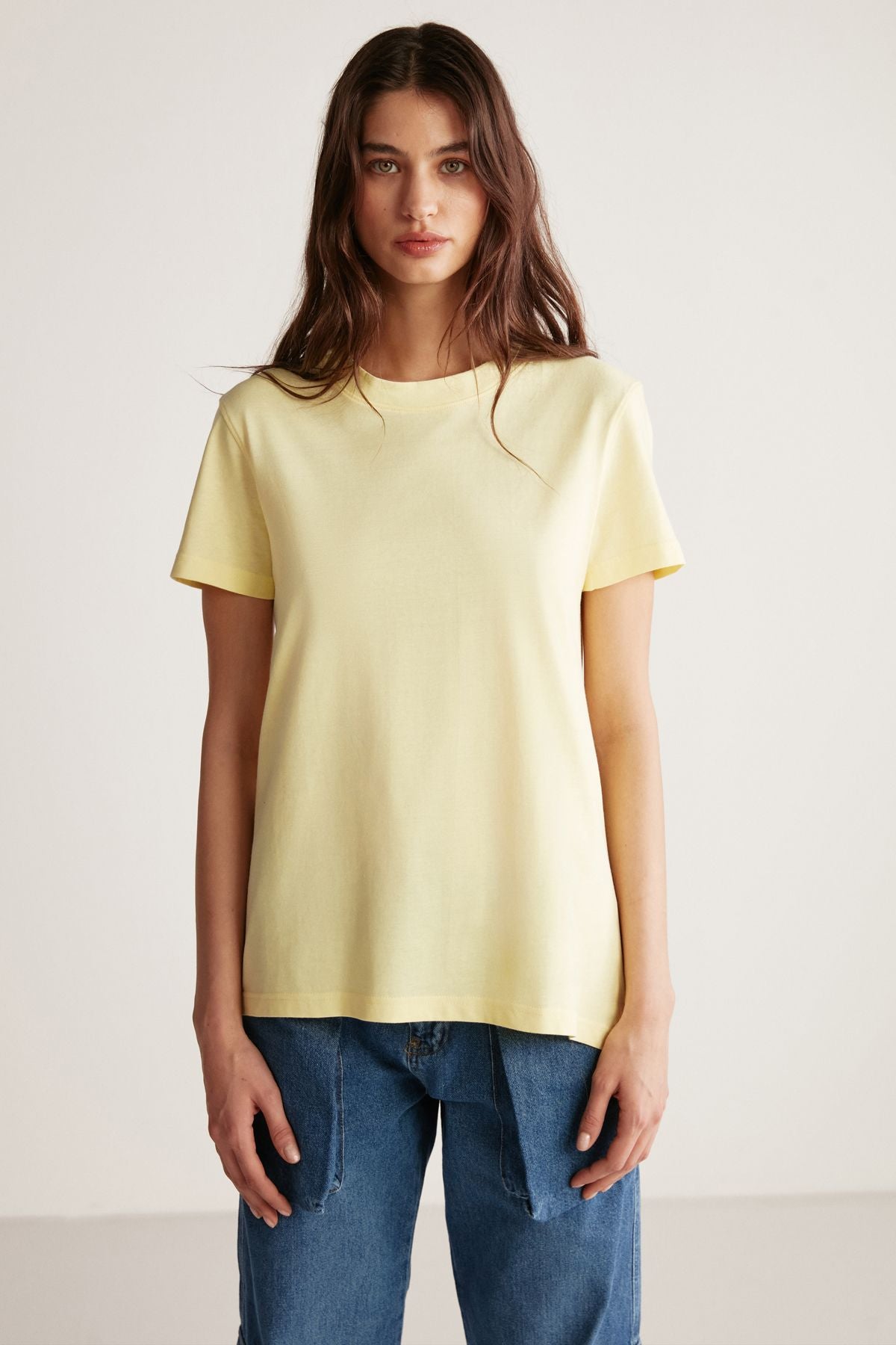 Samantha Women Comfort Fit 100 %Organic Cotton Basic Knitting Light Yellow T-shirt