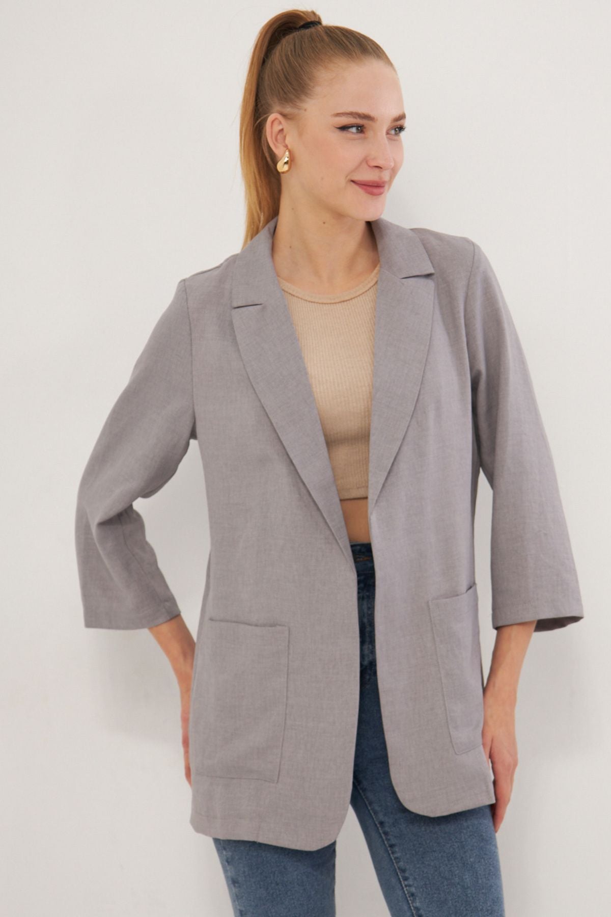 WOMEN'S Gray Pocket Oversize Jacket ARM-24Y001115