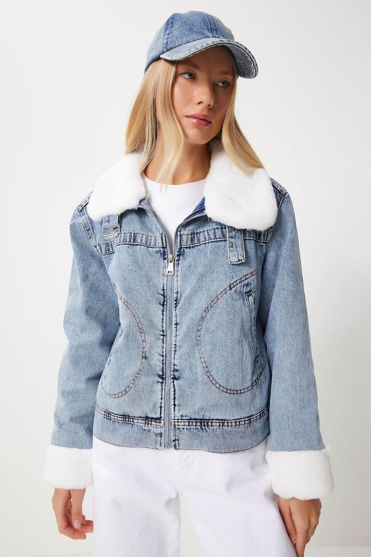 Women's Blue In -Blue Artificial Furry Denim Jacket RV00201