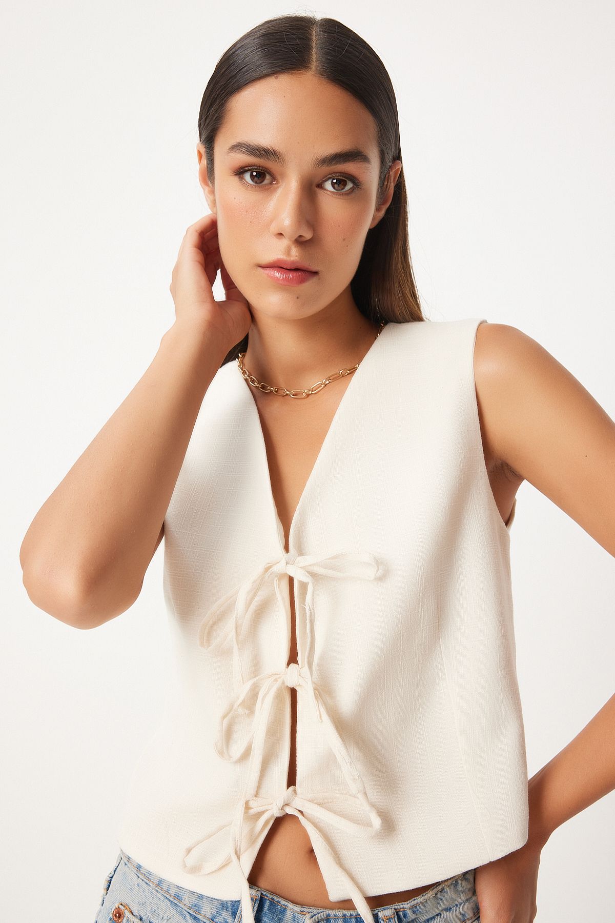 Women's Cream Bow Linen Vest GP00010