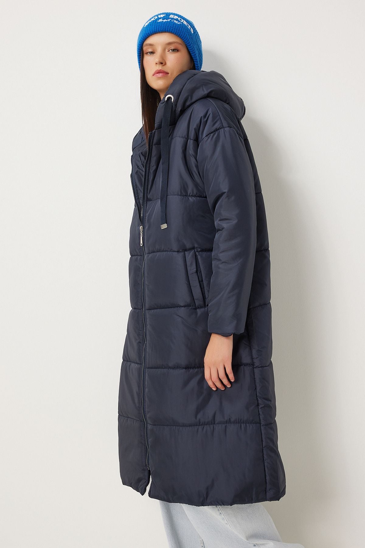 Women's Navy Blind Hooded Long Swelling Coat DD01006