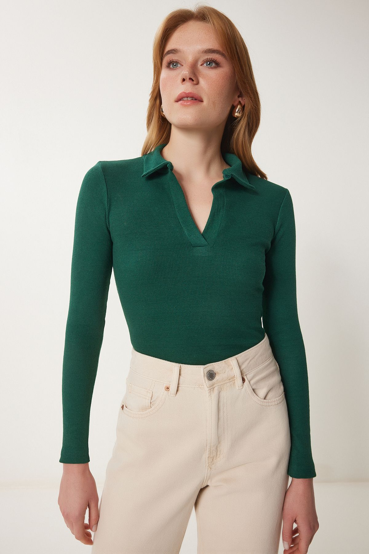 Female green polo collar wick knitted blouse GT00111