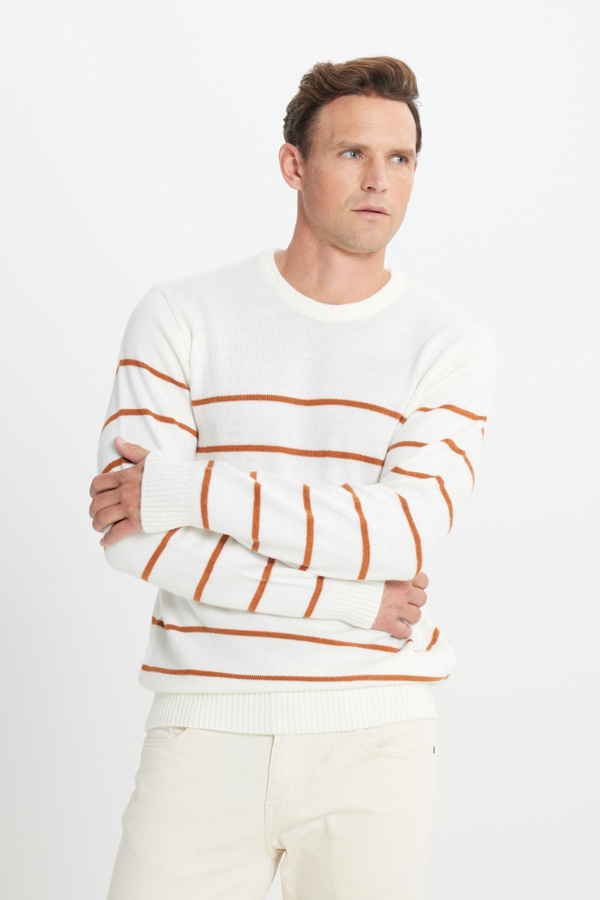 Men's Ecru-Karamel Standard Fit Normal Cut Normal Cycling Bicycle Yaka striped knitwear sweater