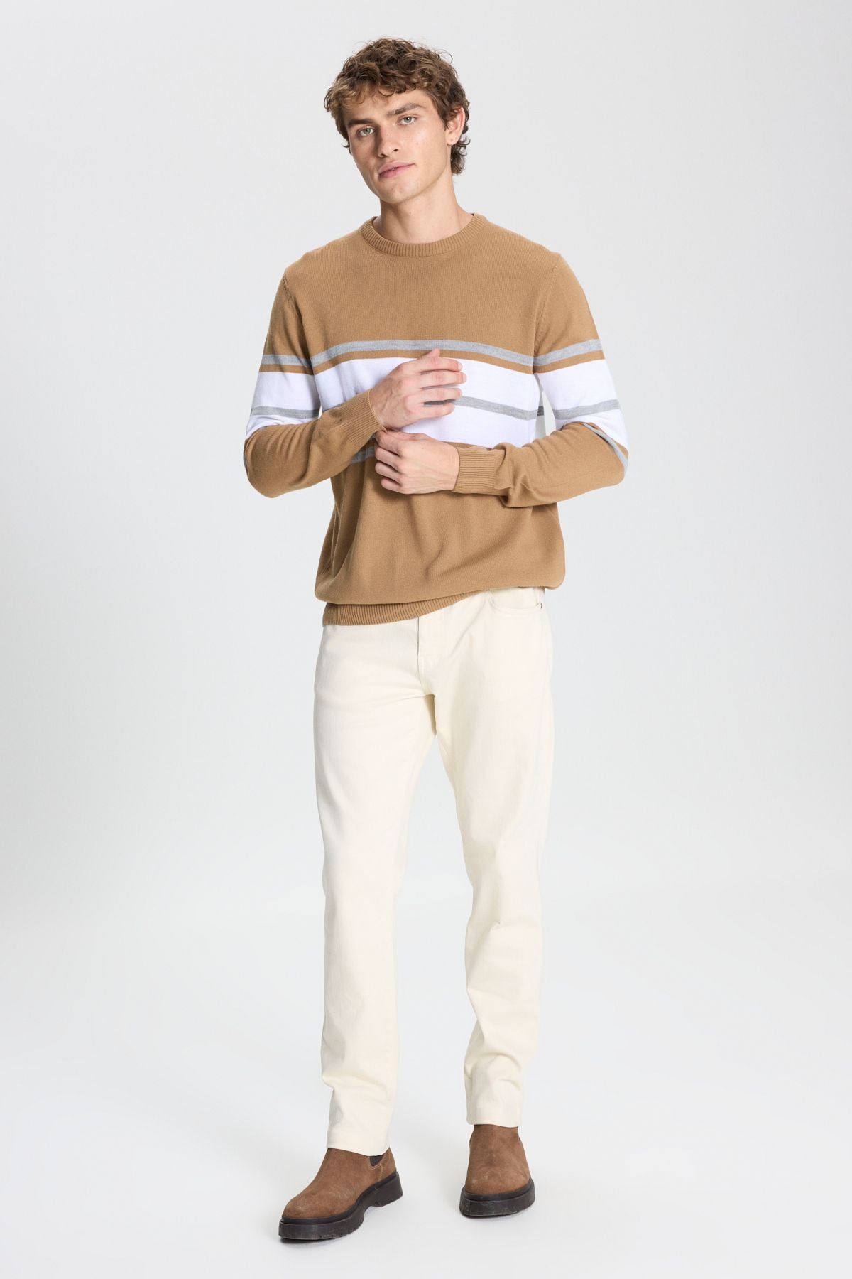 Men's light brown-crem standard fit normal cut normal cut bike collar striped knitwear sweater