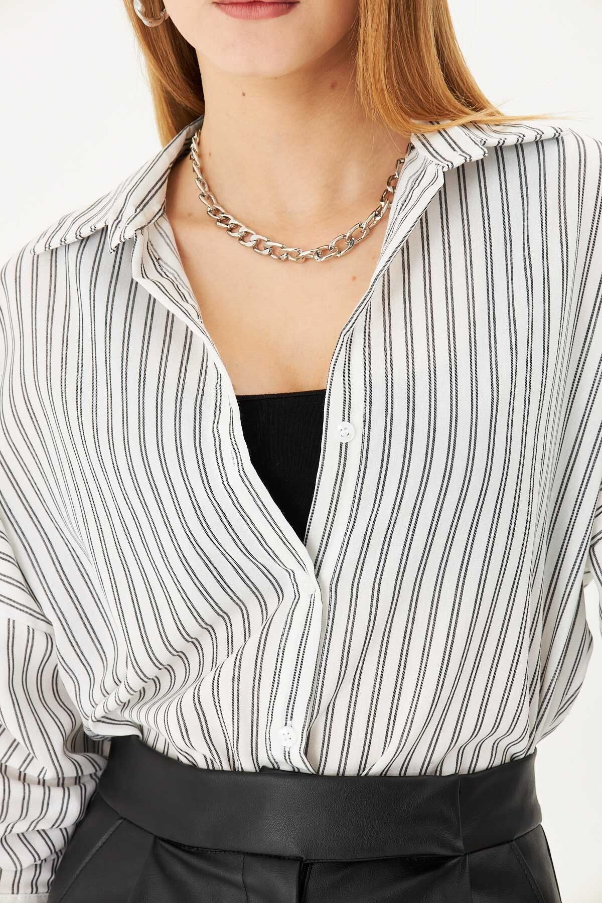 Woman White-Black Fine Striped Oversize Long Basic Shirt ARM-221185