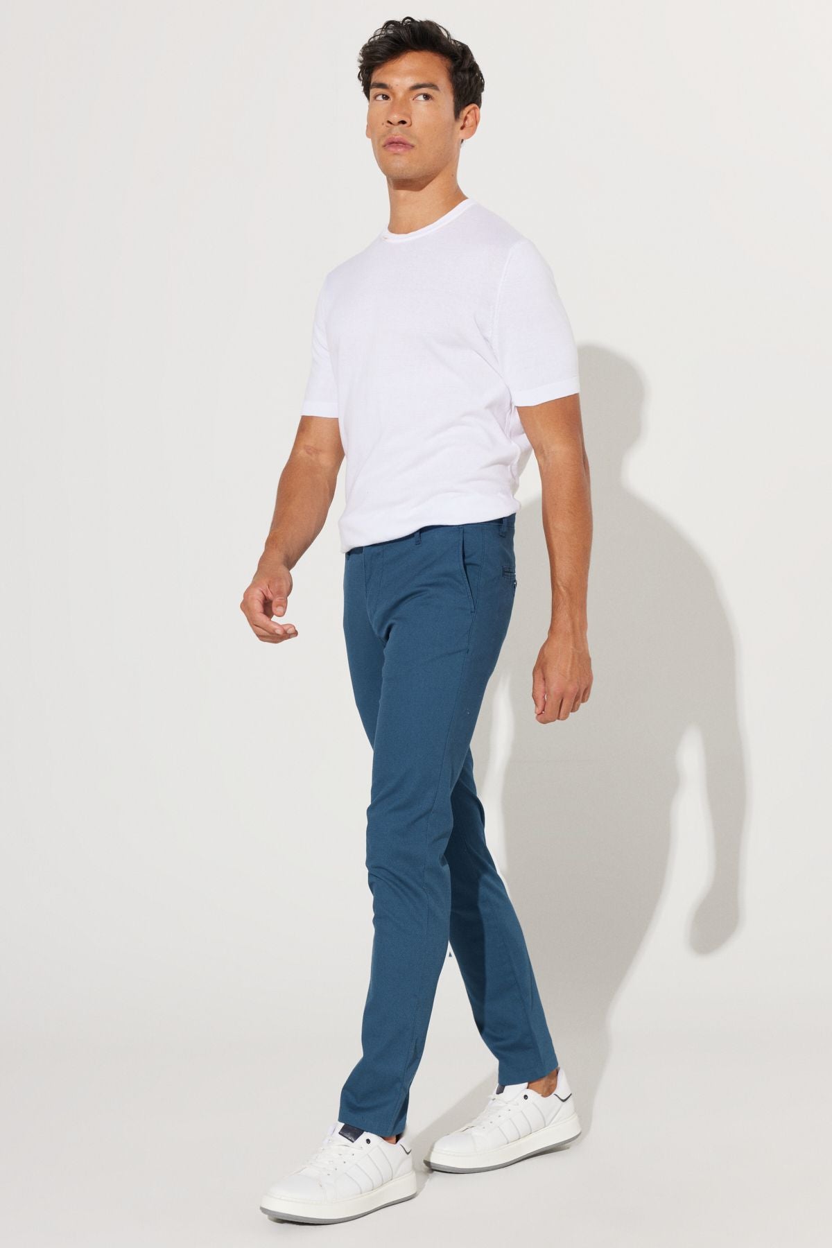 Men's indigo slim fit narrow cut cotton flexible relaxed trousers