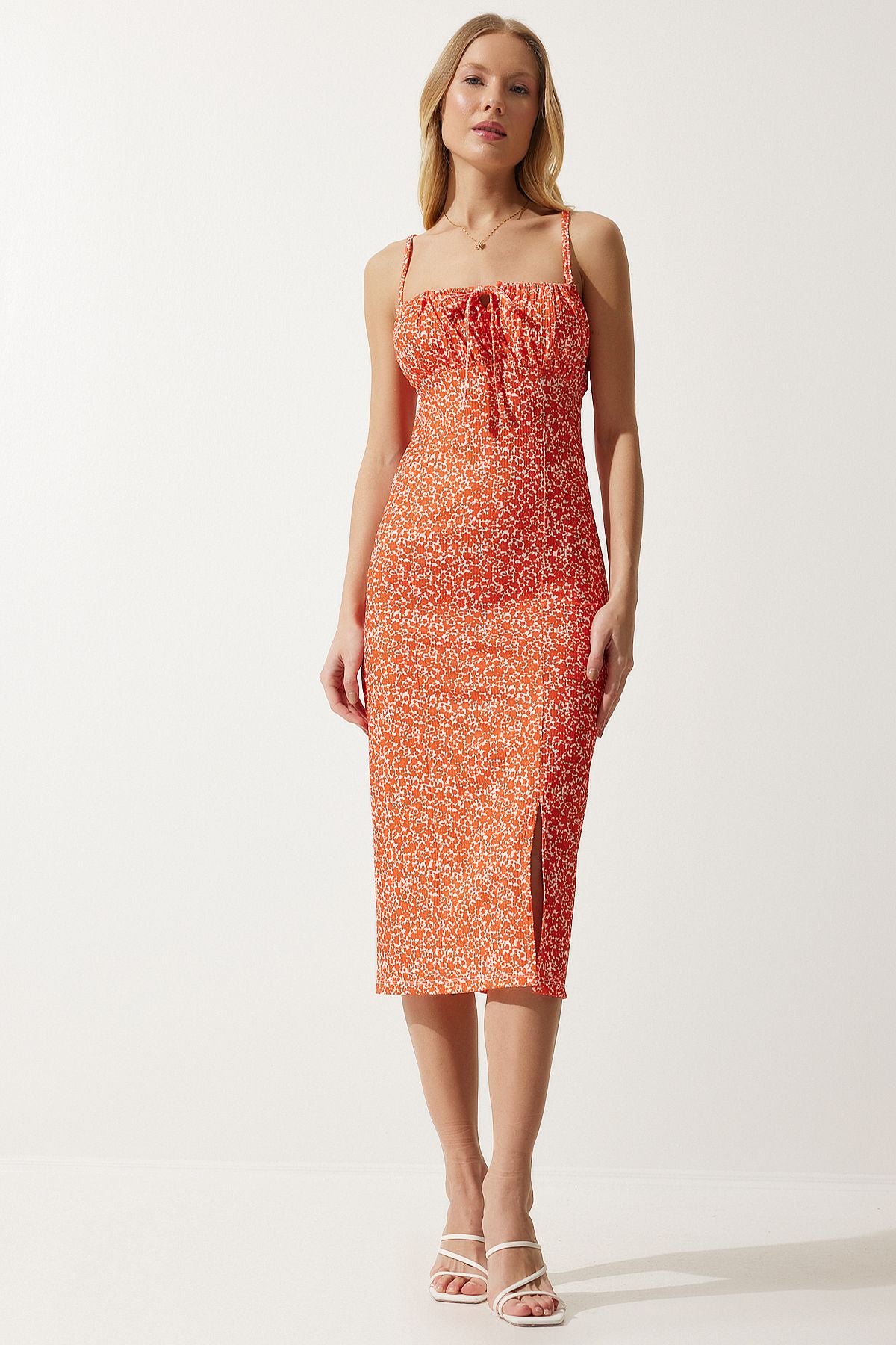Woman White Orange Flower Sweting Summer Knitting Dress CI00029