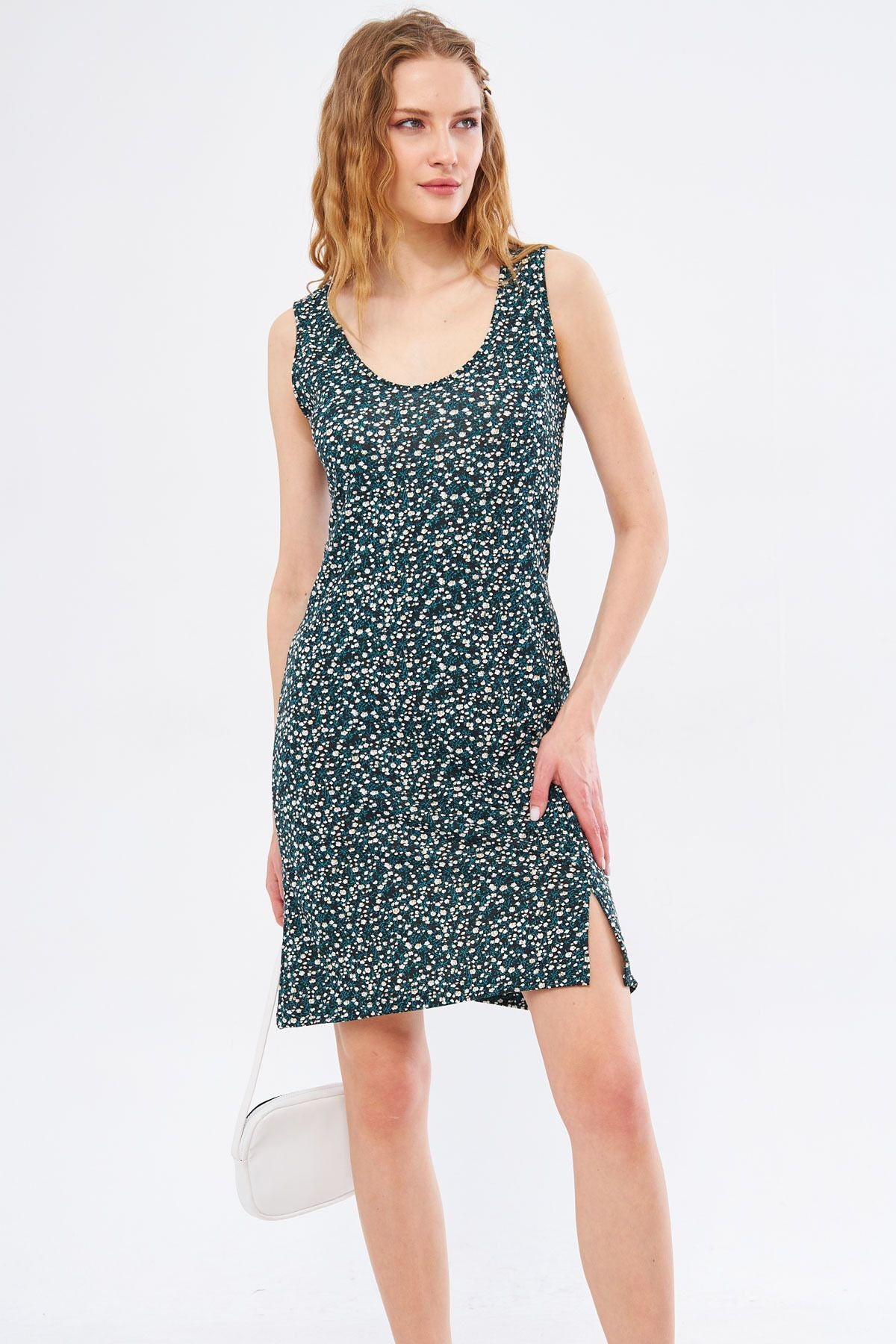 Female Black Ikosidio Dress Sitting on the Body Sleeveless Front Slit Mini Size ARM-24Y001045