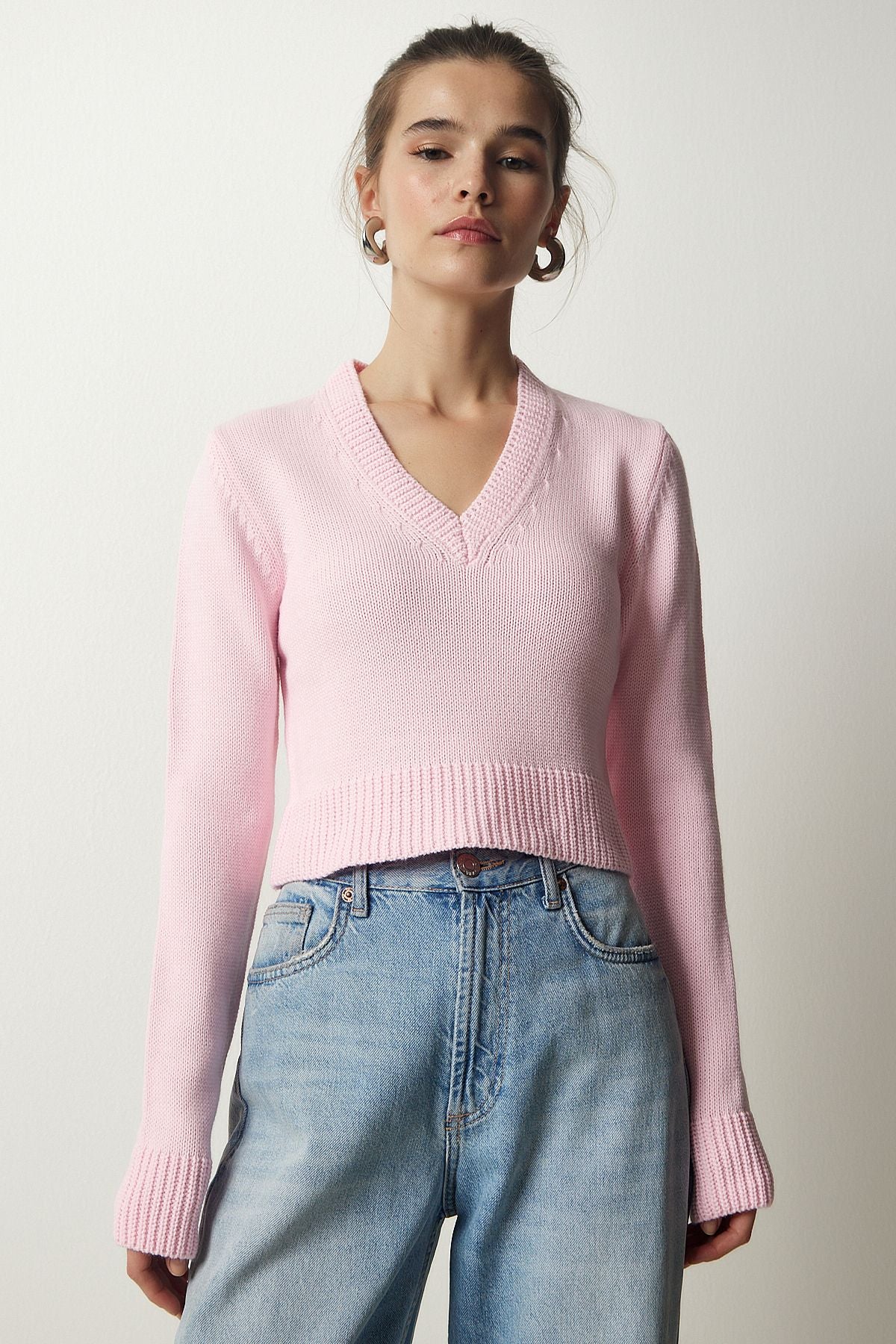 Woman Light Pink V Yaka Crop Knitwear sweater PF00040