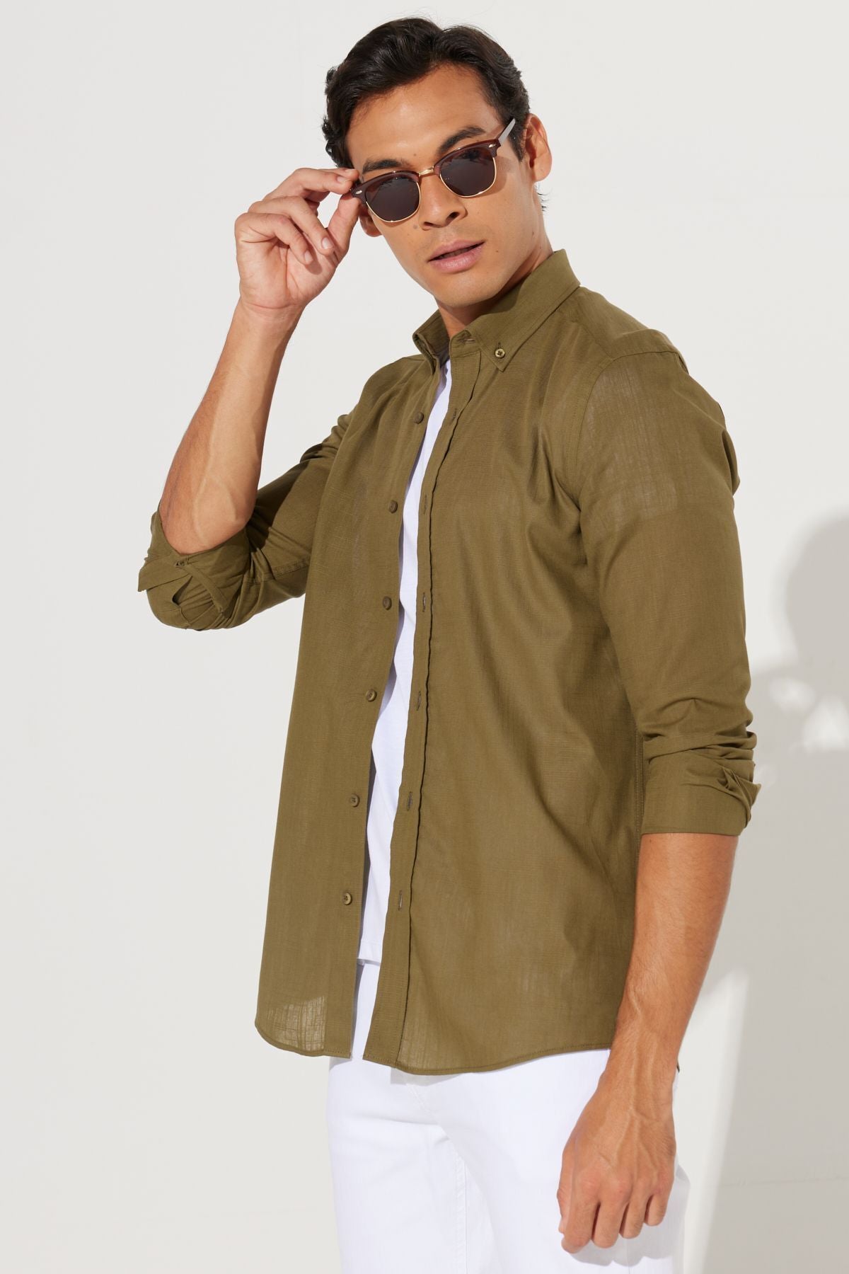 Male K.Haki 100 %Cotton Breathing Fabric Flamle Oxford Slim Fit button with Fit button collar shirt