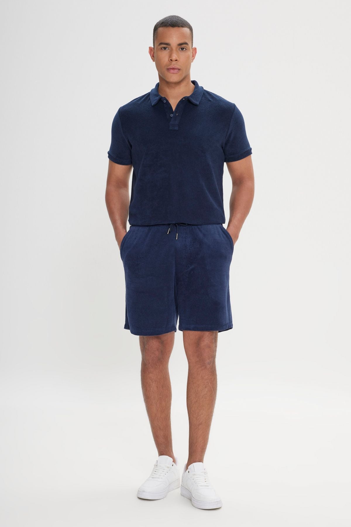 Men's navy blue standard fit normal cut towel shorts