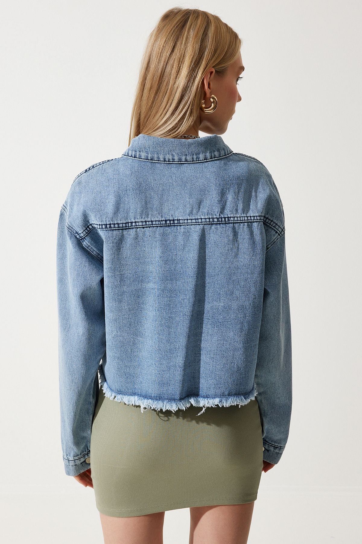 Female Medium Blue Wide Pocket Edges Seamless Denim Jacket RV00188