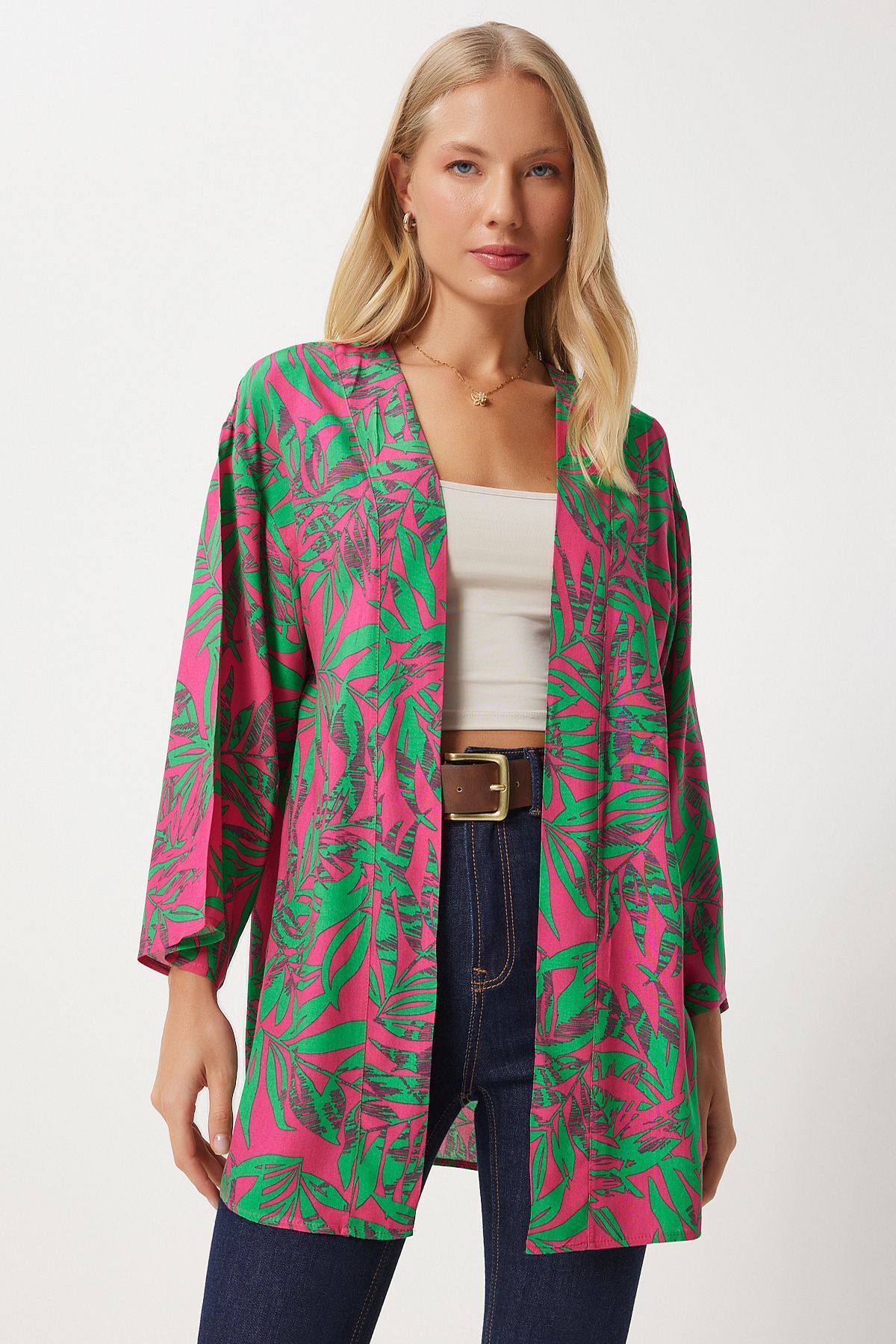 Female Pink Green Patterned Viscose Kimono EN00615