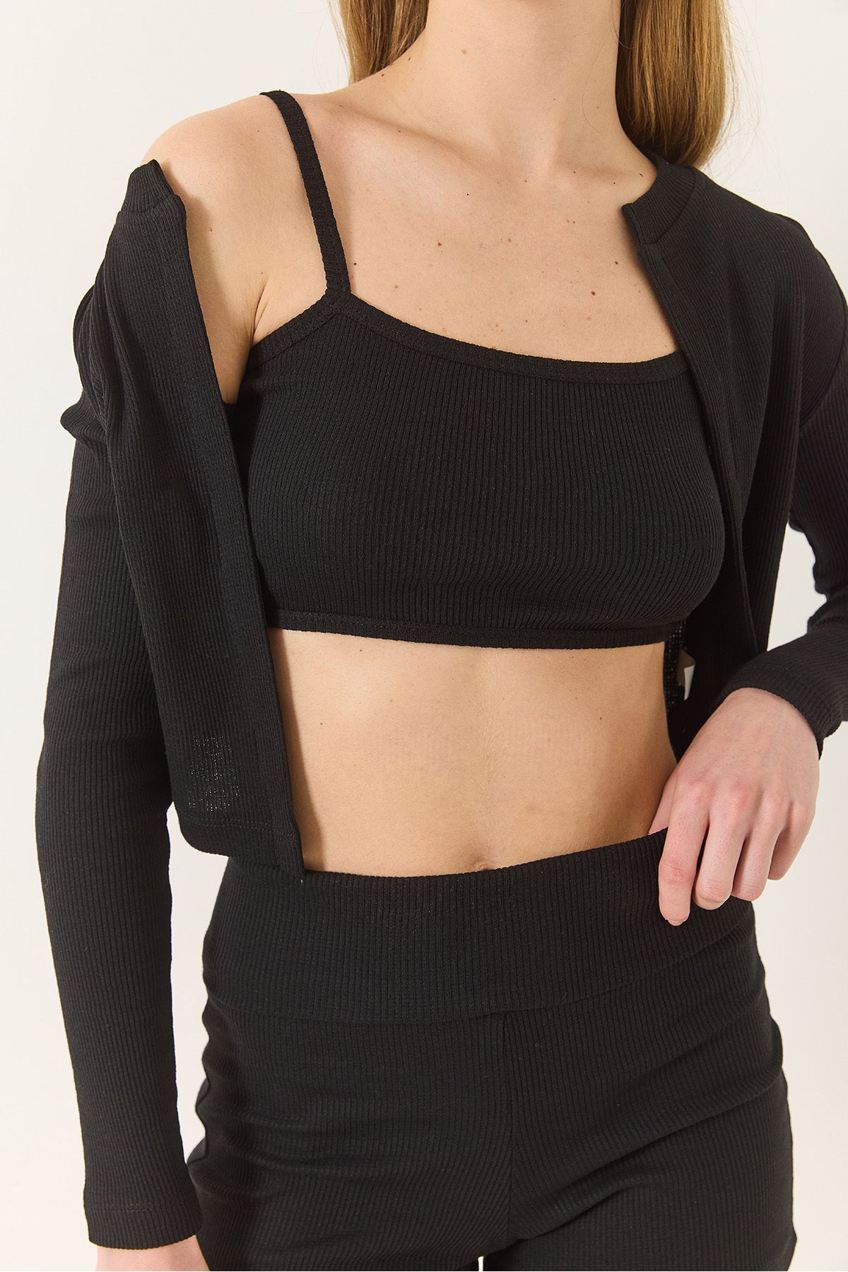 Women's Camisole Thin Strap Crop Cardigan Three Piece Suit with Shorts 60284033