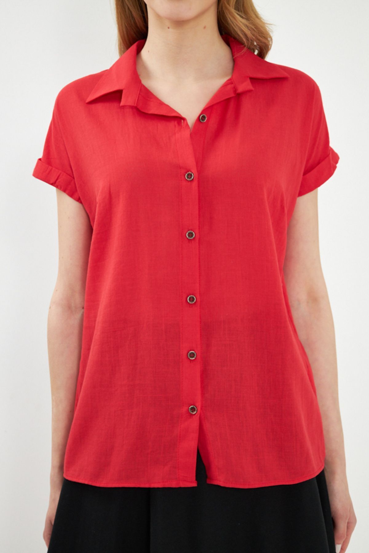 Woman Red Short Sleeve Linen Shirt ARM-24Y001038