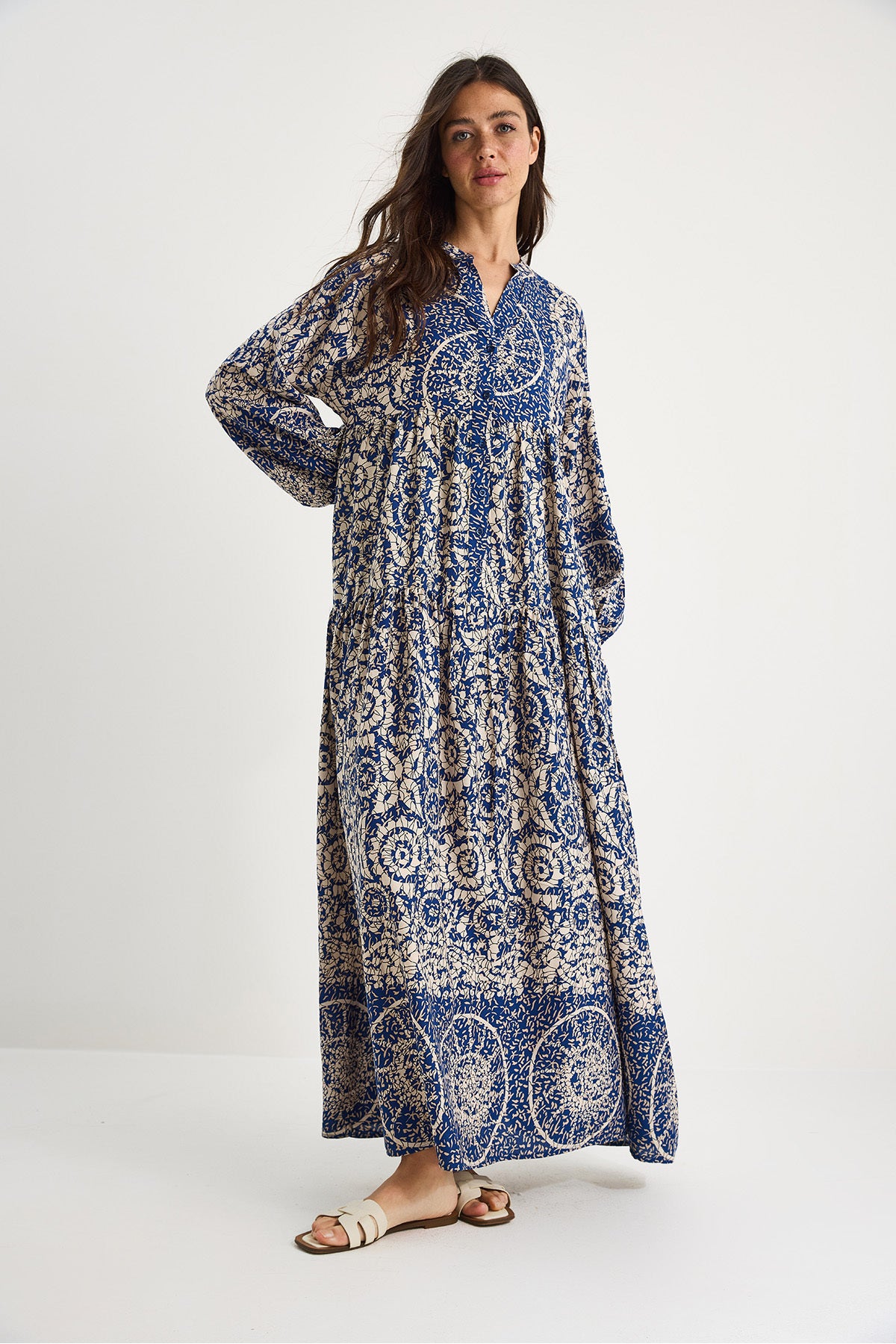 Women's V-Neck Patterned Button Detailed Maxi Viscose Dress 2423 60283334