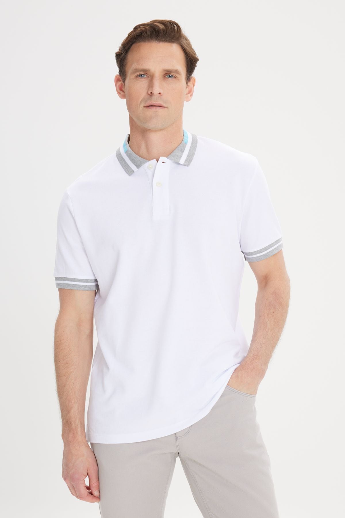 Men's white slim fit narrow cut 100 %cotton Curgered Polo Yaka T -shirt