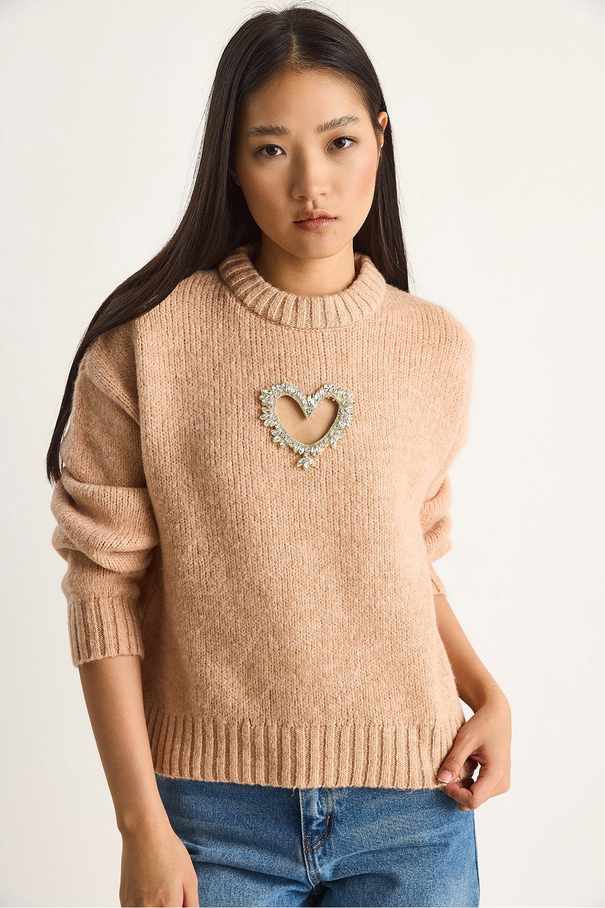 Women's Heart Detailed Stone Embroidered Knitwear Sweater 60261249