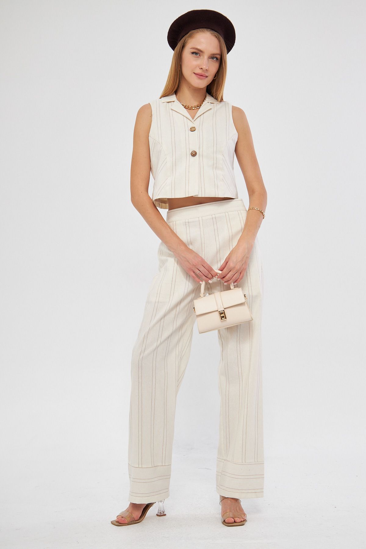 Female Beige Men's Collar Buttoned Vest Pants Binary Set ARM-24Y001114