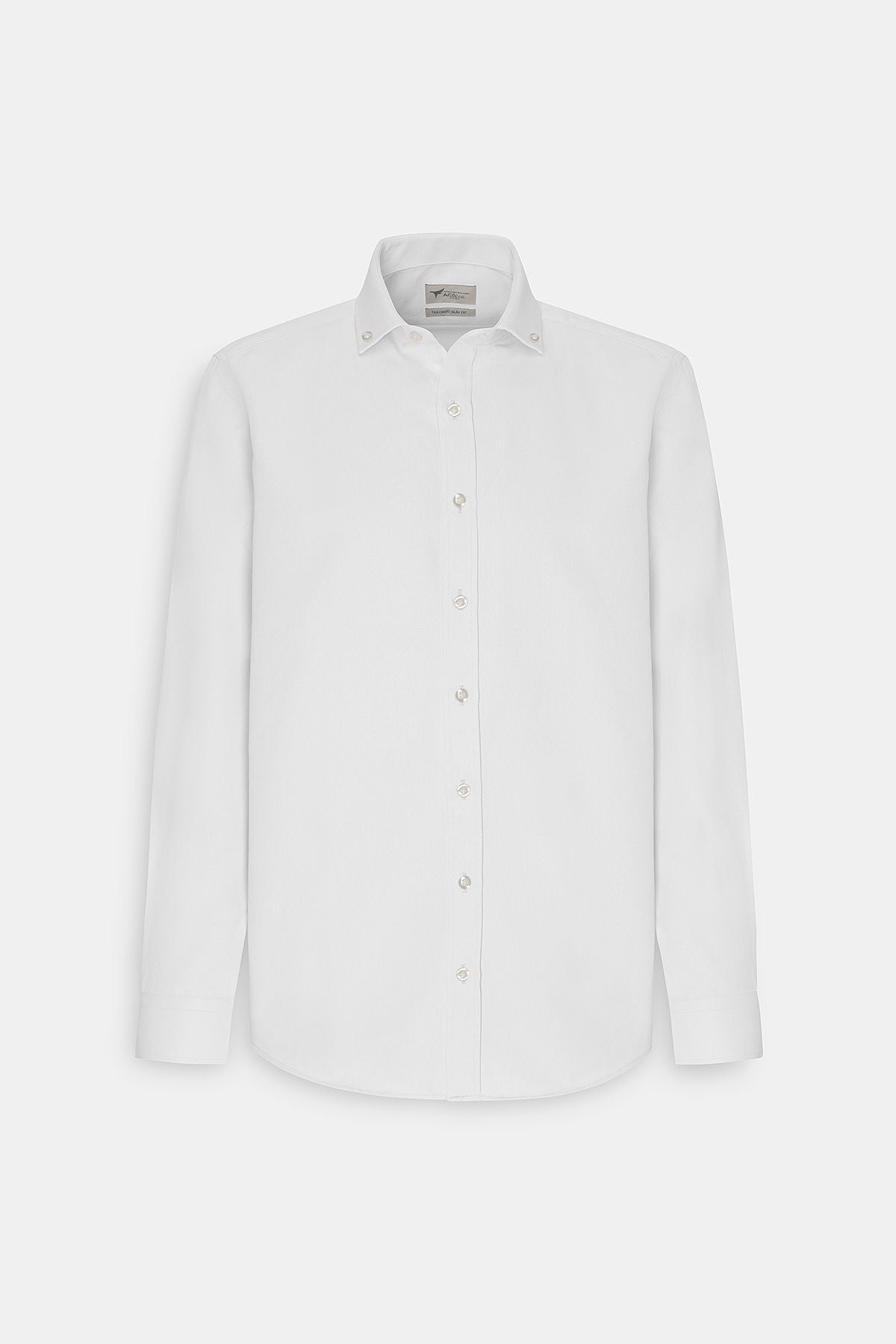 Men's white easy ironable slim fit narrow cut Oxford buttoned collar Acolved cotton shirt