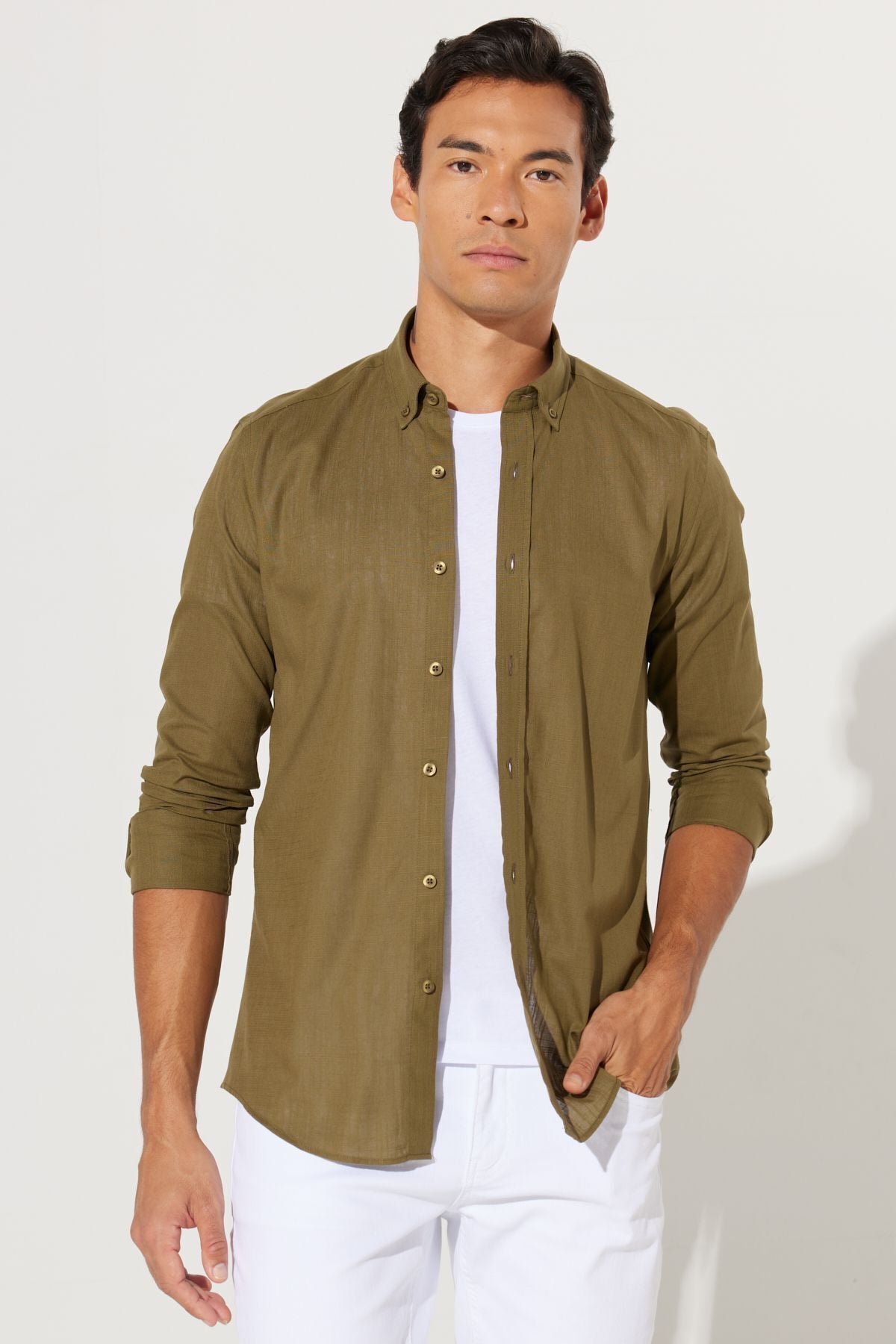 Male K.Haki 100 %Cotton Breathing Fabric Flamle Oxford Slim Fit button with Fit button collar shirt