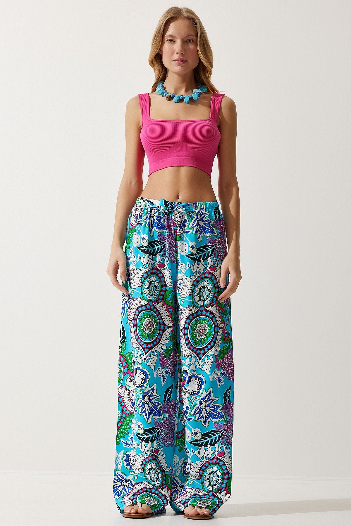 Female turquoise patterned viscose palazzo pants EN00606