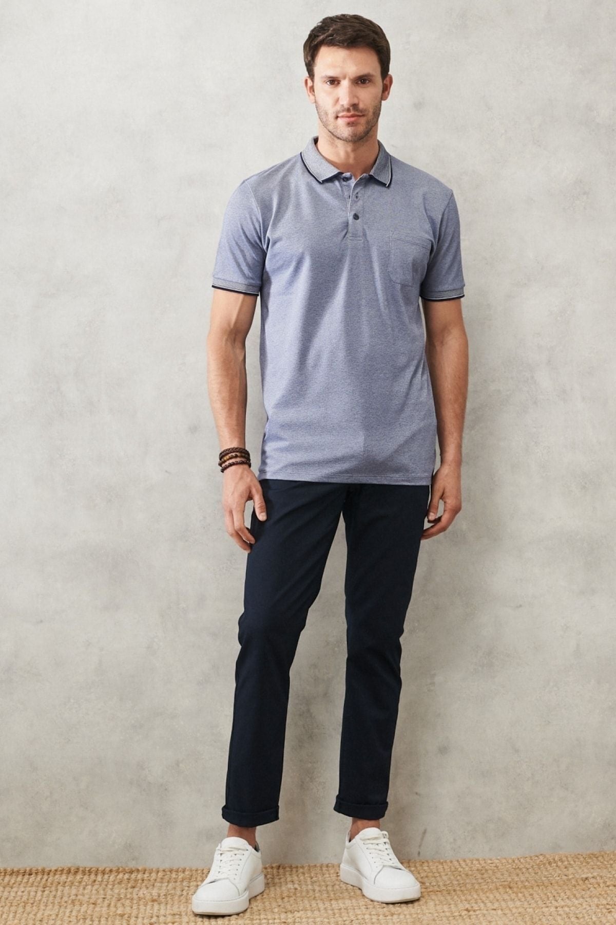 Men -Plugging Cotton Fabric Regular Fit Casual Cut Navy Blind Curlled Polo Yaka Pocket T -shirt