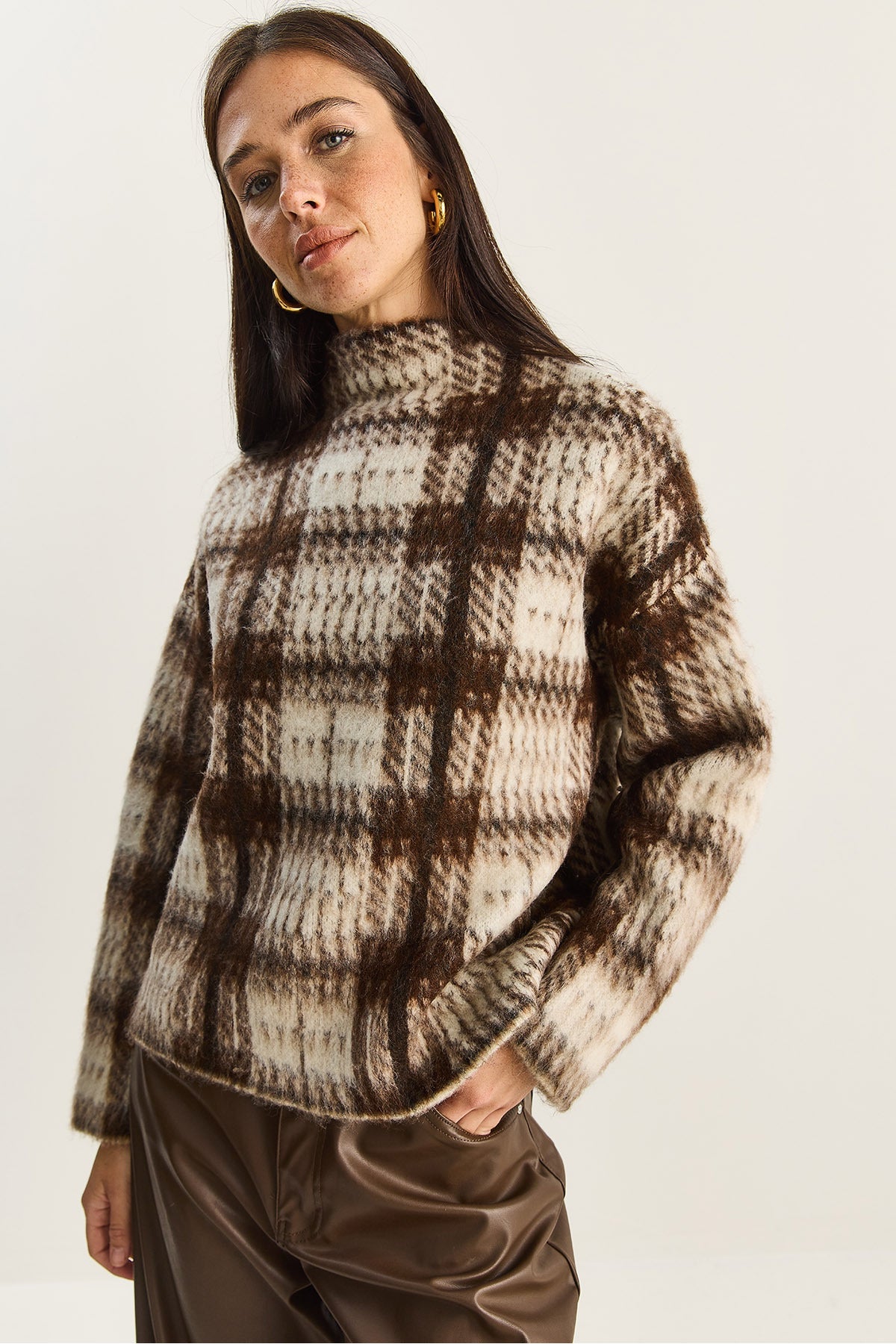 Women's Brushed Effect Checked Knitted Sweater 20258060