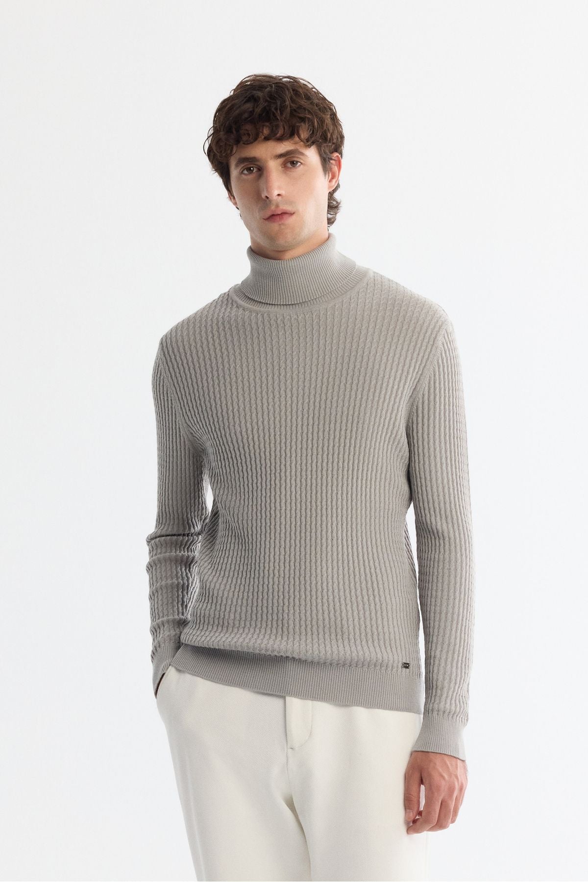 Men's Gray Full Fisherman Neck Wool Mixed Jacquari Knitwear Sweater A42Y5074