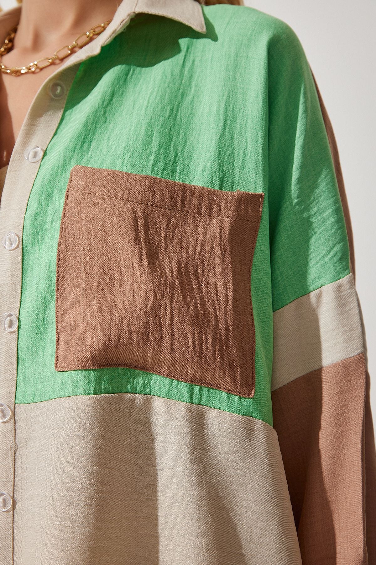 Female Beige Green Block Colorful Linen Shirt TP00030