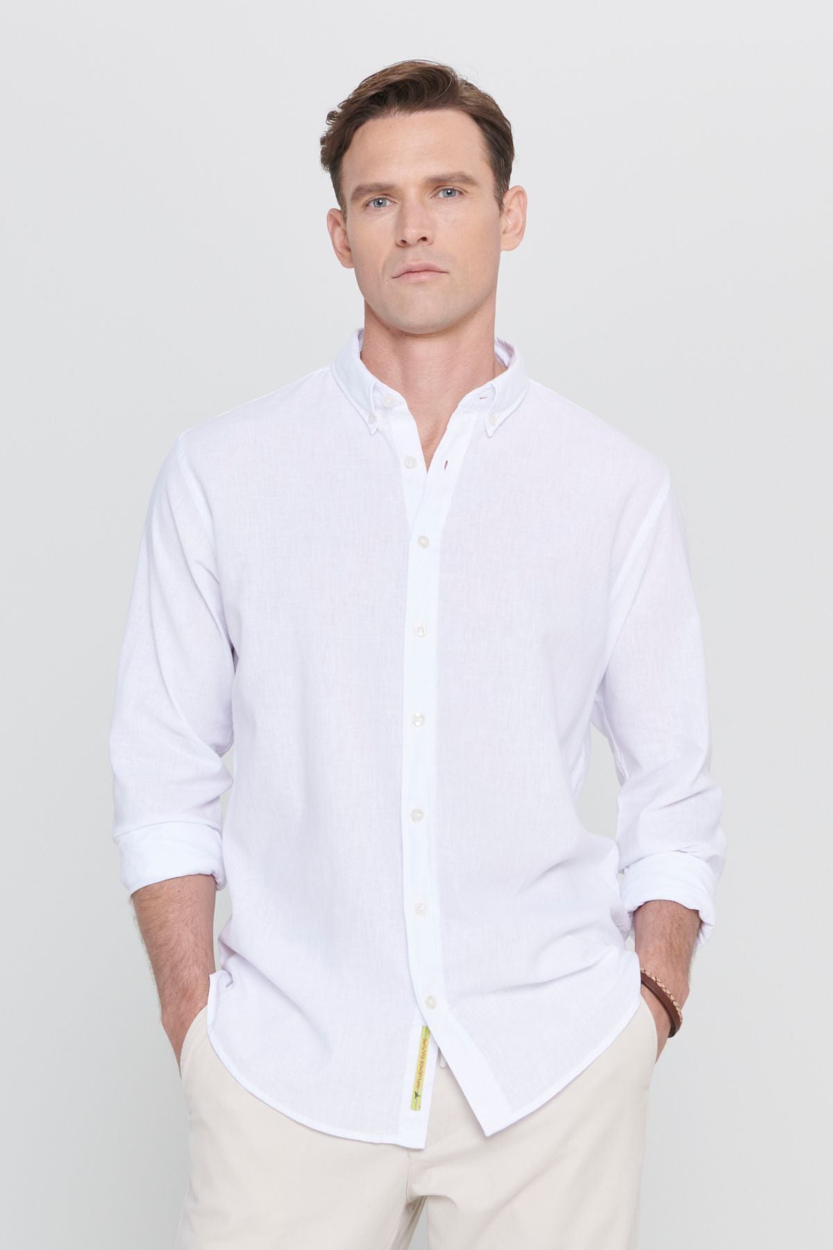 Men's white linen comfort fit comfortable cut buttoned collar casual shirt