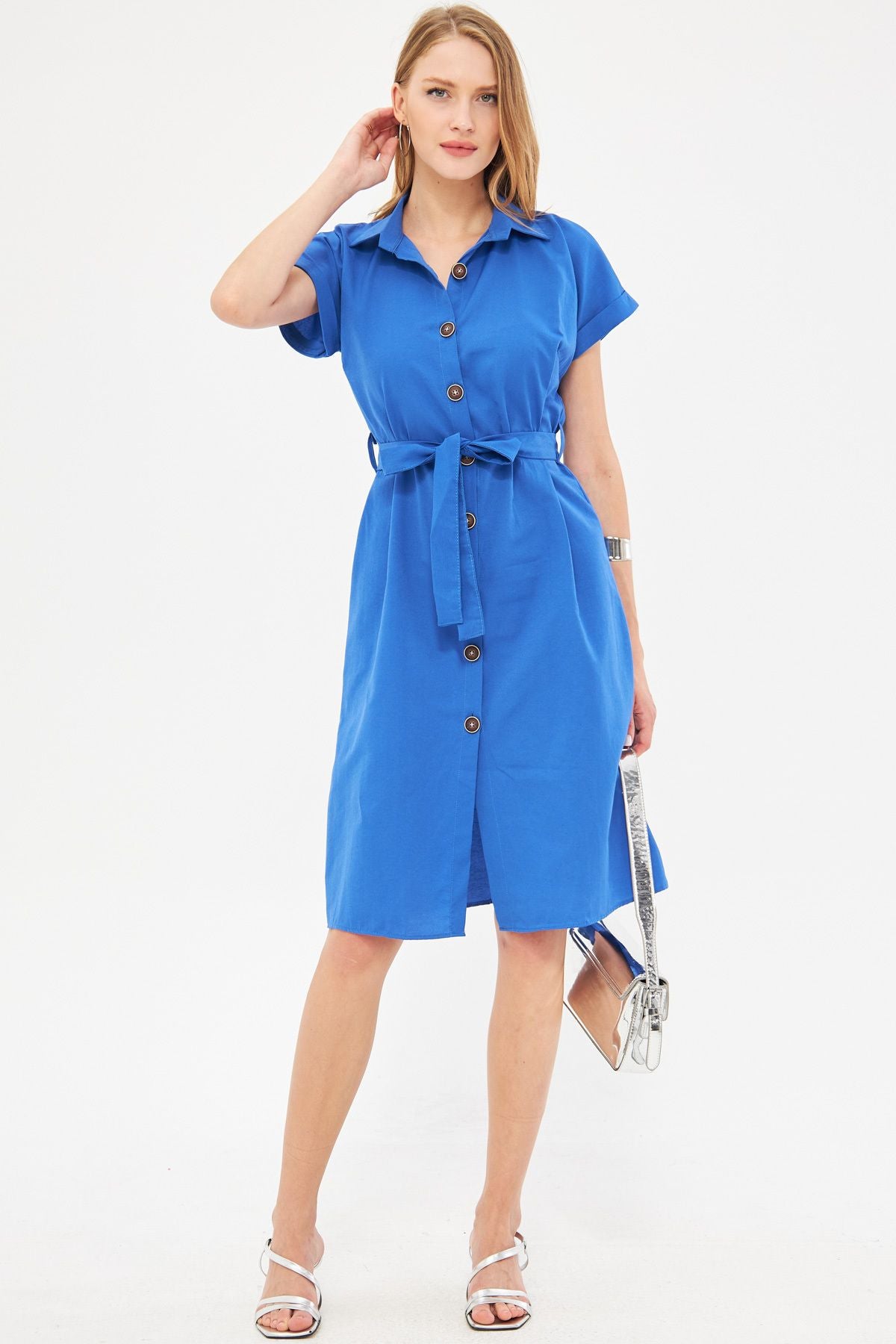 WOMEN'S SAKS WAVE Belt Short Sleeve Shirt Dress ARM-19Y001068