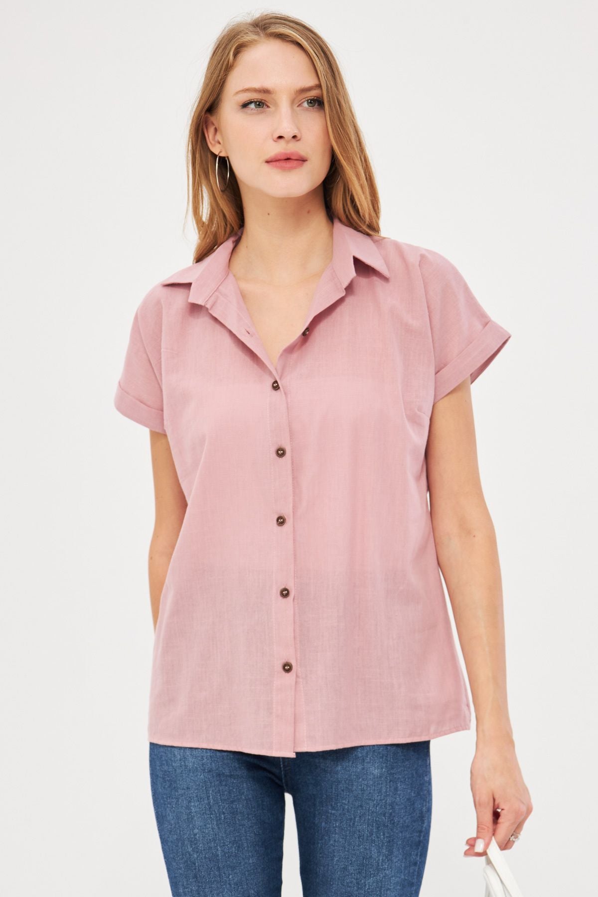 Woman Pink Short Sleeve Linen Shirt ARM-24Y001038